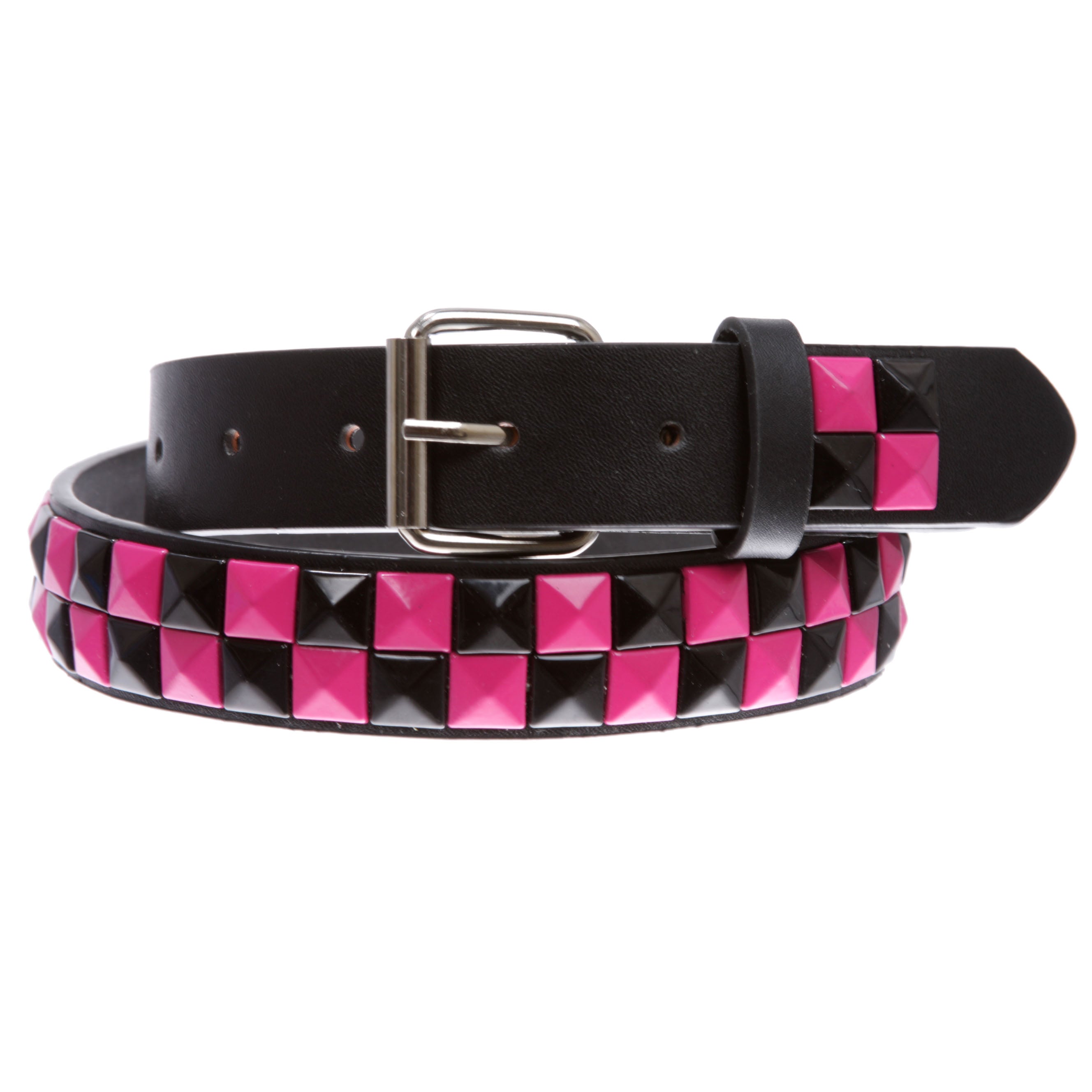 Kids Snap On Punk Rock Black & Hot Pink Star Studded Checkerboard Leather Belt - OnlineBelts