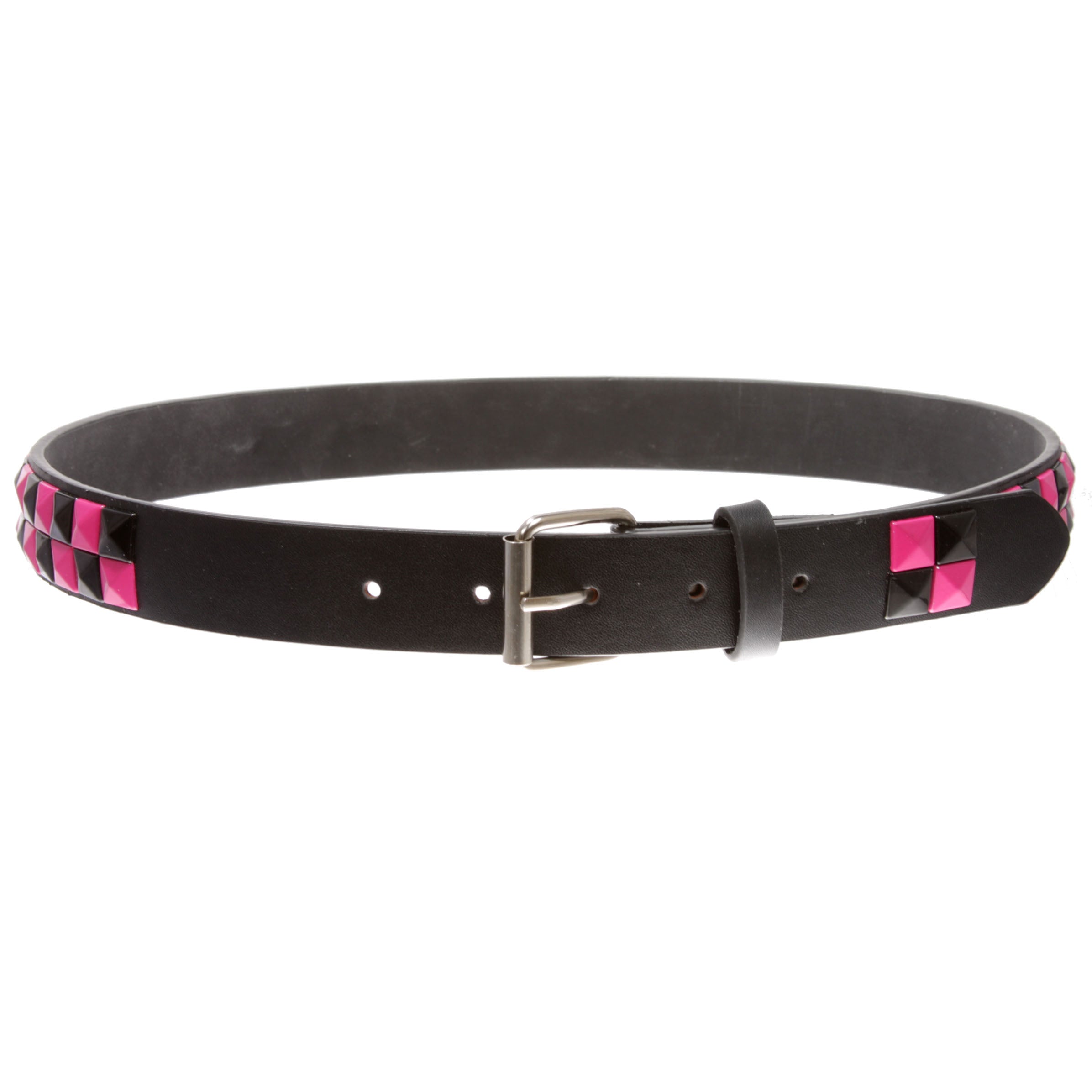 Kids Snap On Punk Rock Black & Hot Pink Star Studded Checkerboard Leather Belt - OnlineBelts