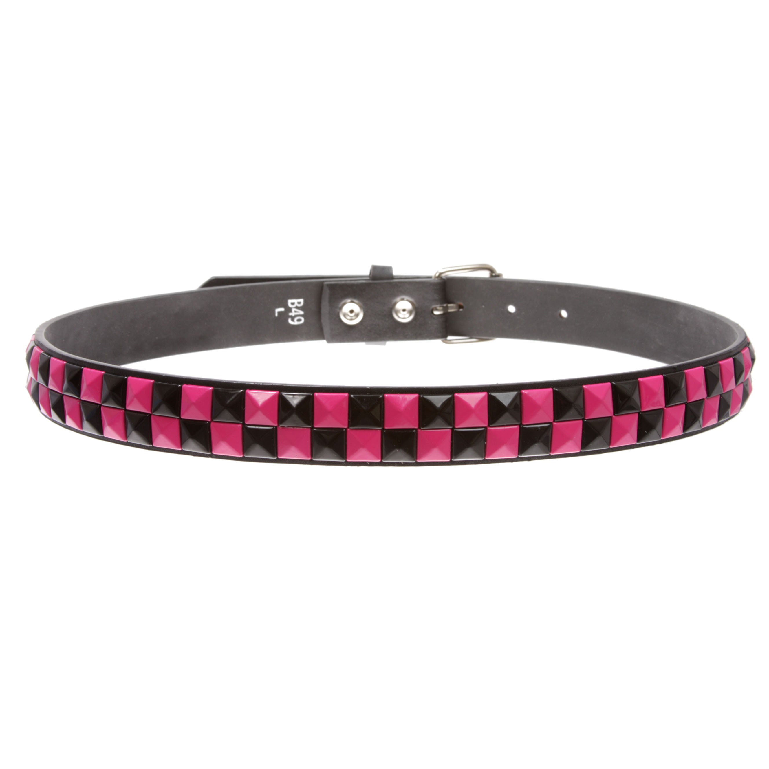 Kids Snap On Punk Rock Black & Hot Pink Star Studded Checkerboard Leather Belt - OnlineBelts