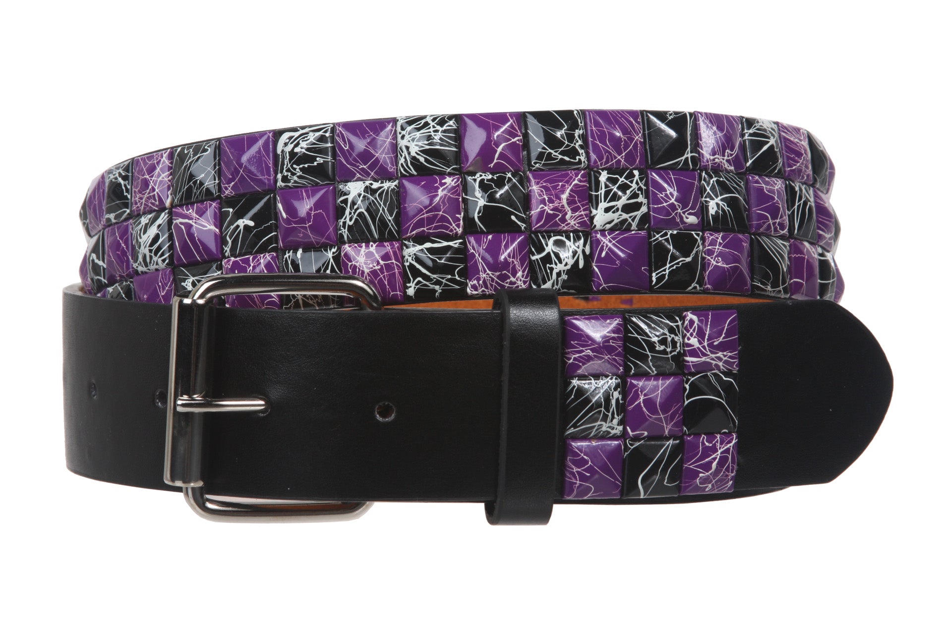 Snap On 1 1/2" Purple & Black Checkerboard Punk Rock Studded Belt