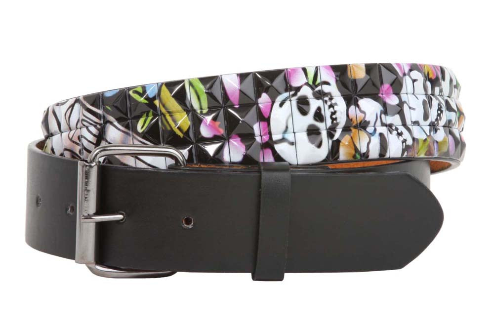 Snap On 1 1/2" Printed Gun Skull Punk Rock Studded Belt - OnlineBelts