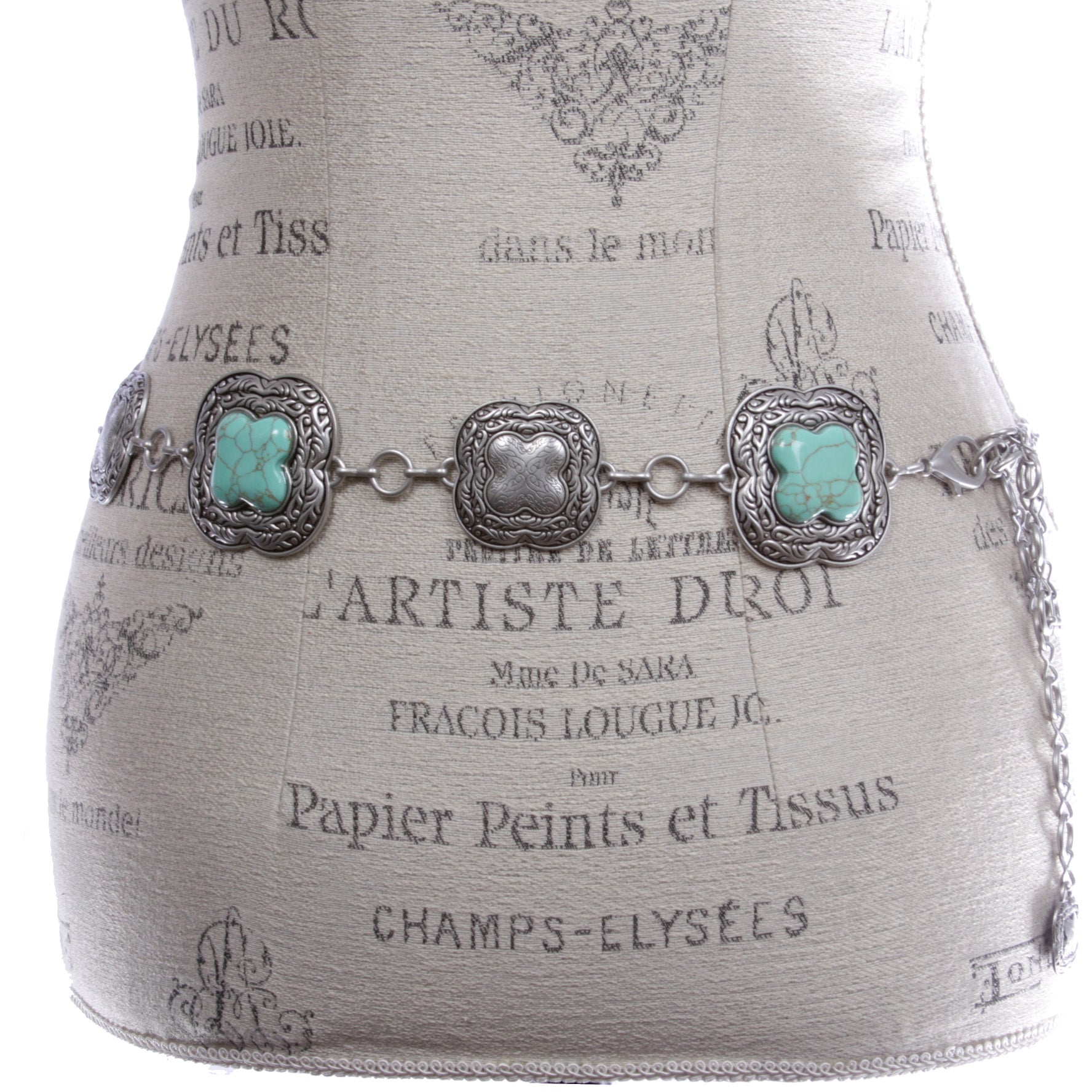 Women's Western Turquoise Blue Stone Square Concho Chain Belt - OnlineBelts