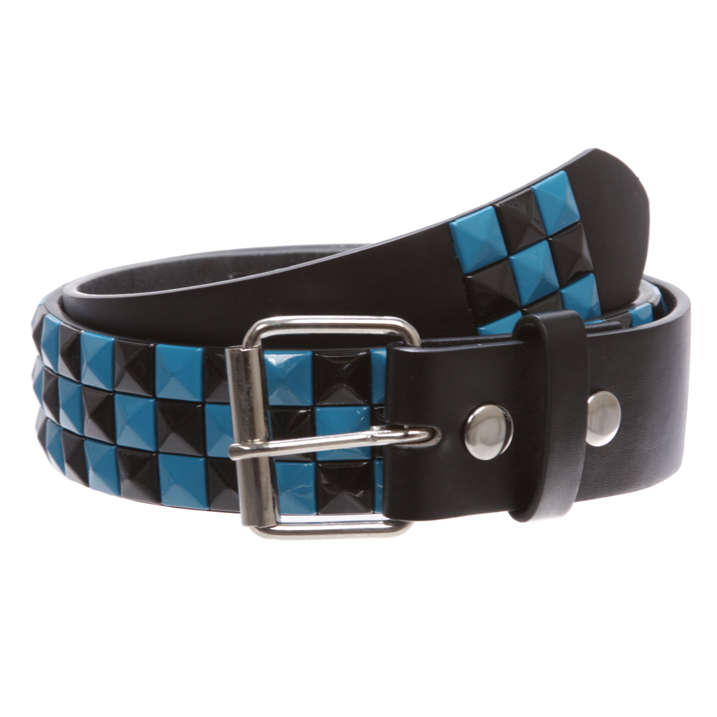 Snap On Punk Rock Black & Azure Blue Star Studded Checker Board Leather Belt - OnlineBelts
