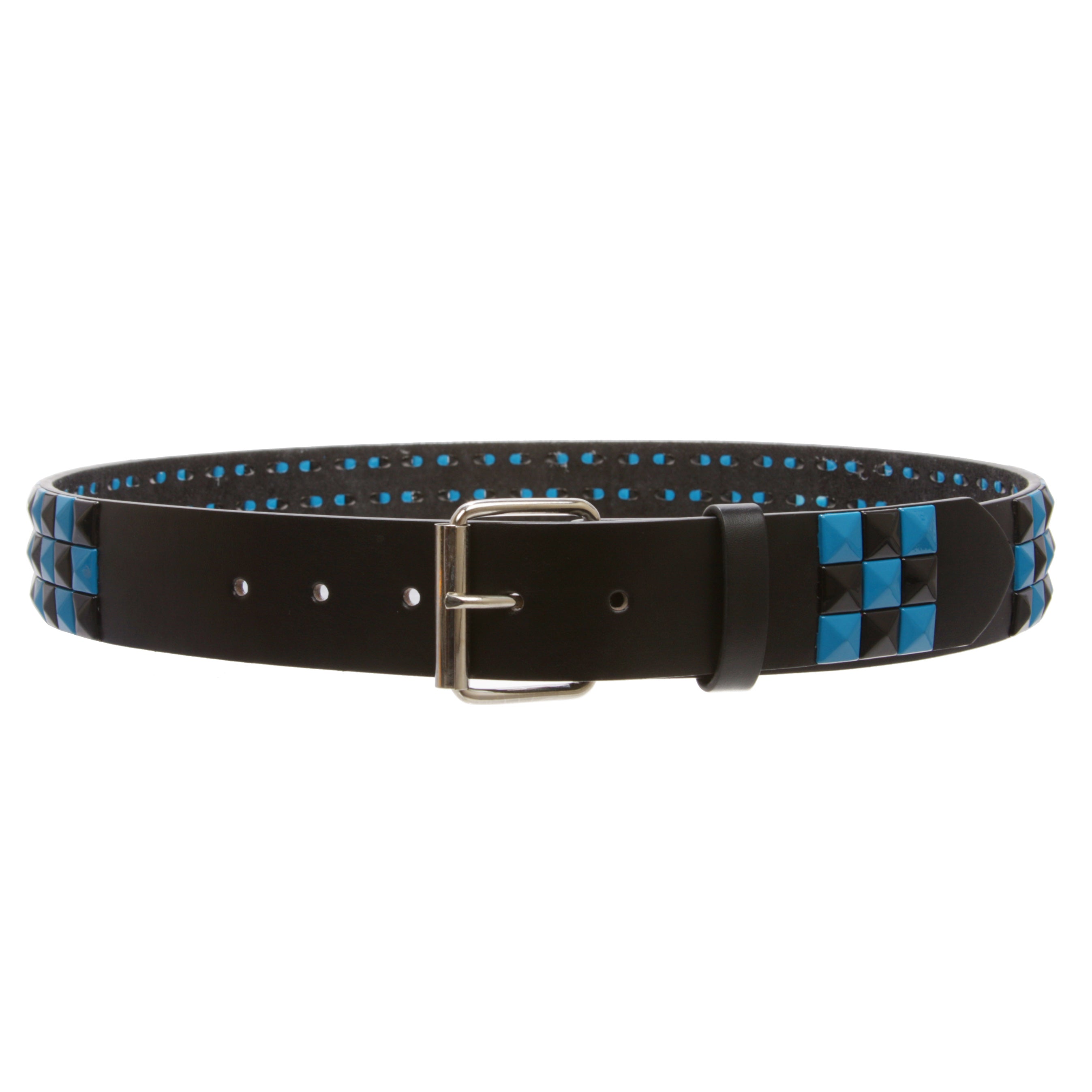 Snap On Punk Rock Black & Azure Blue Star Studded Checker Board Leather Belt - OnlineBelts