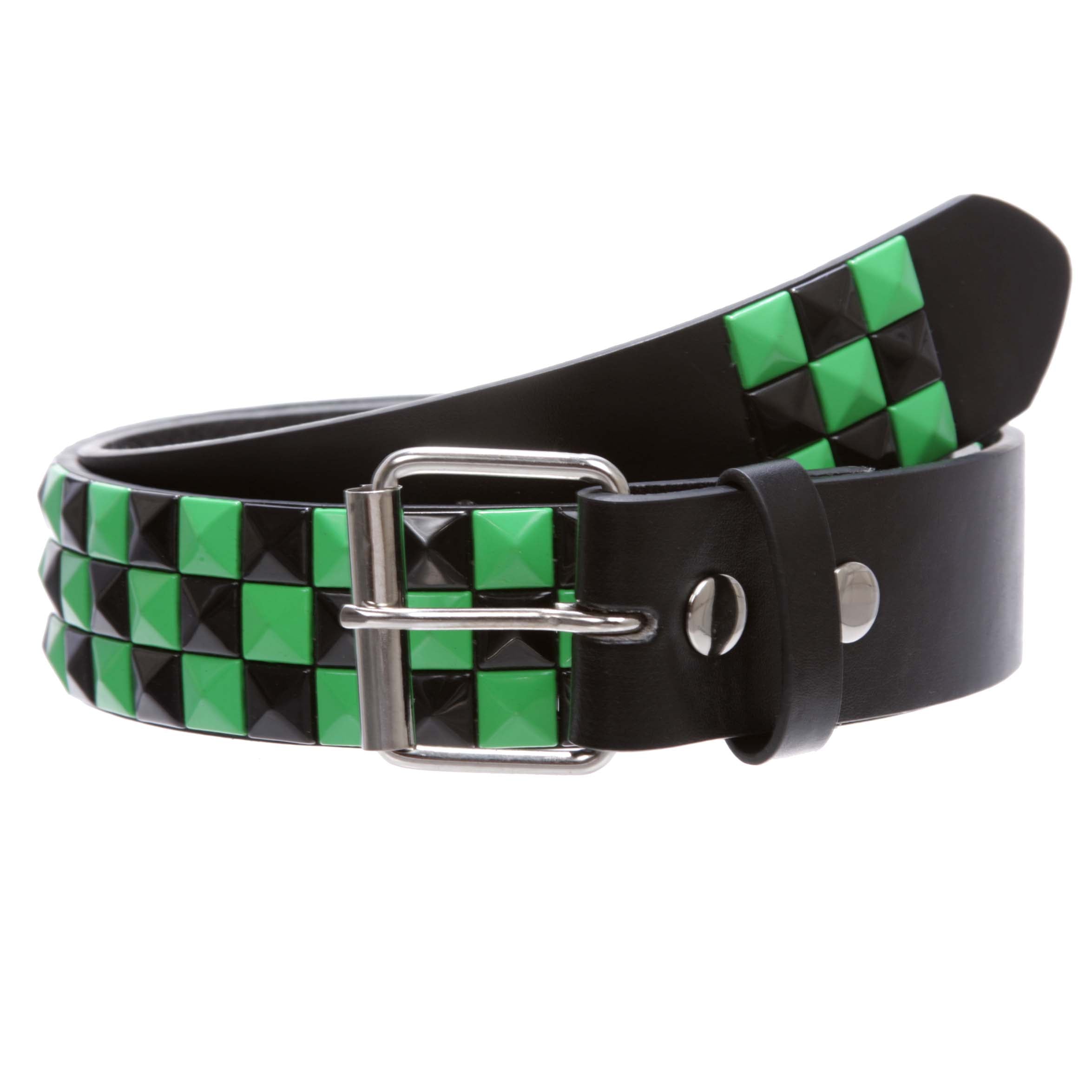 Snap On Punk Rock Black & Green Star Studded Checker Board Leather Belt - OnlineBelts