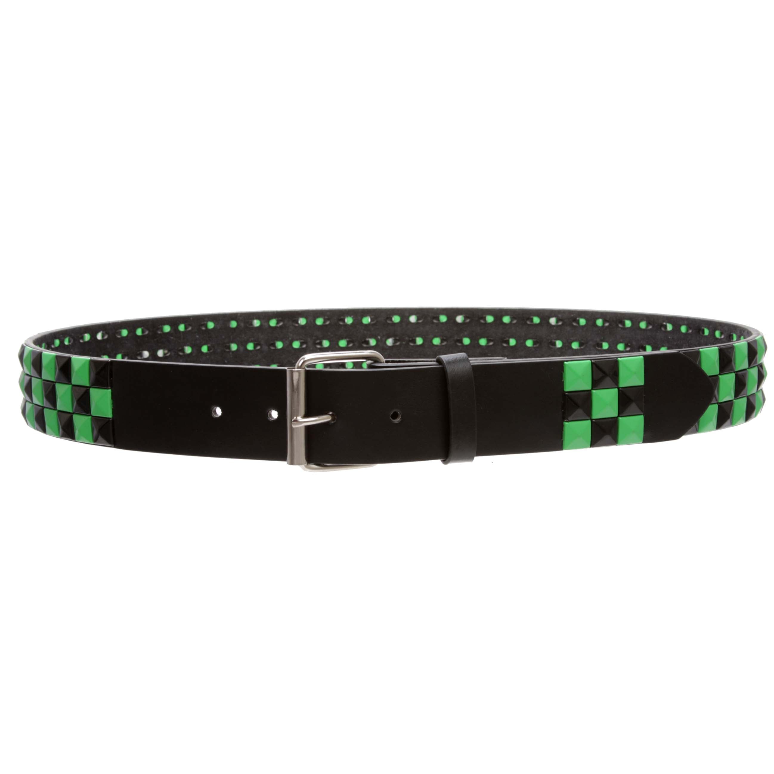 Snap On Punk Rock Black & Green Star Studded Checker Board Leather Belt - OnlineBelts