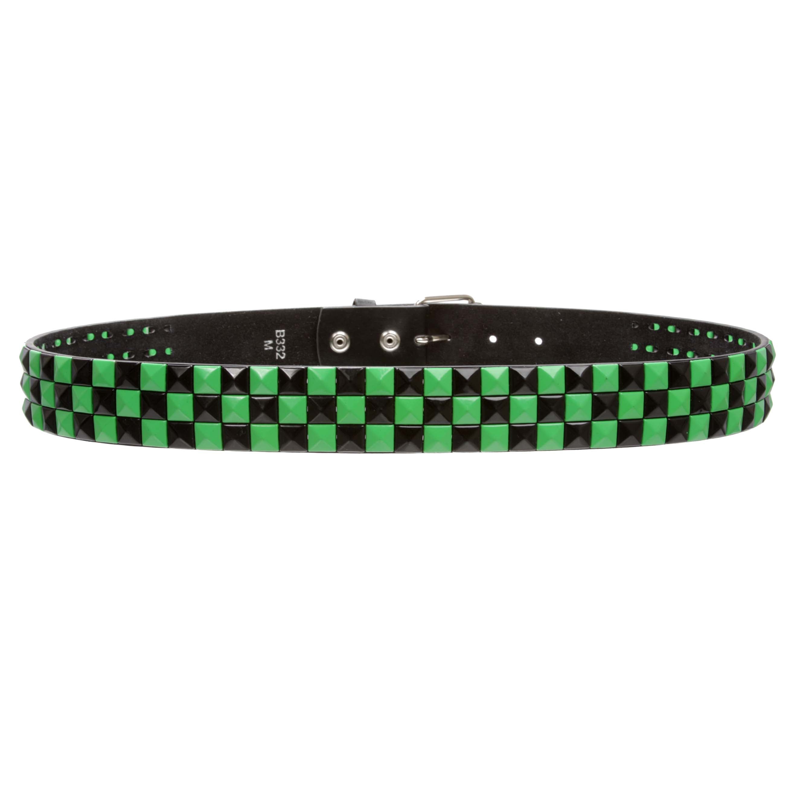 Snap On Punk Rock Black & Green Star Studded Checker Board Leather Belt - OnlineBelts