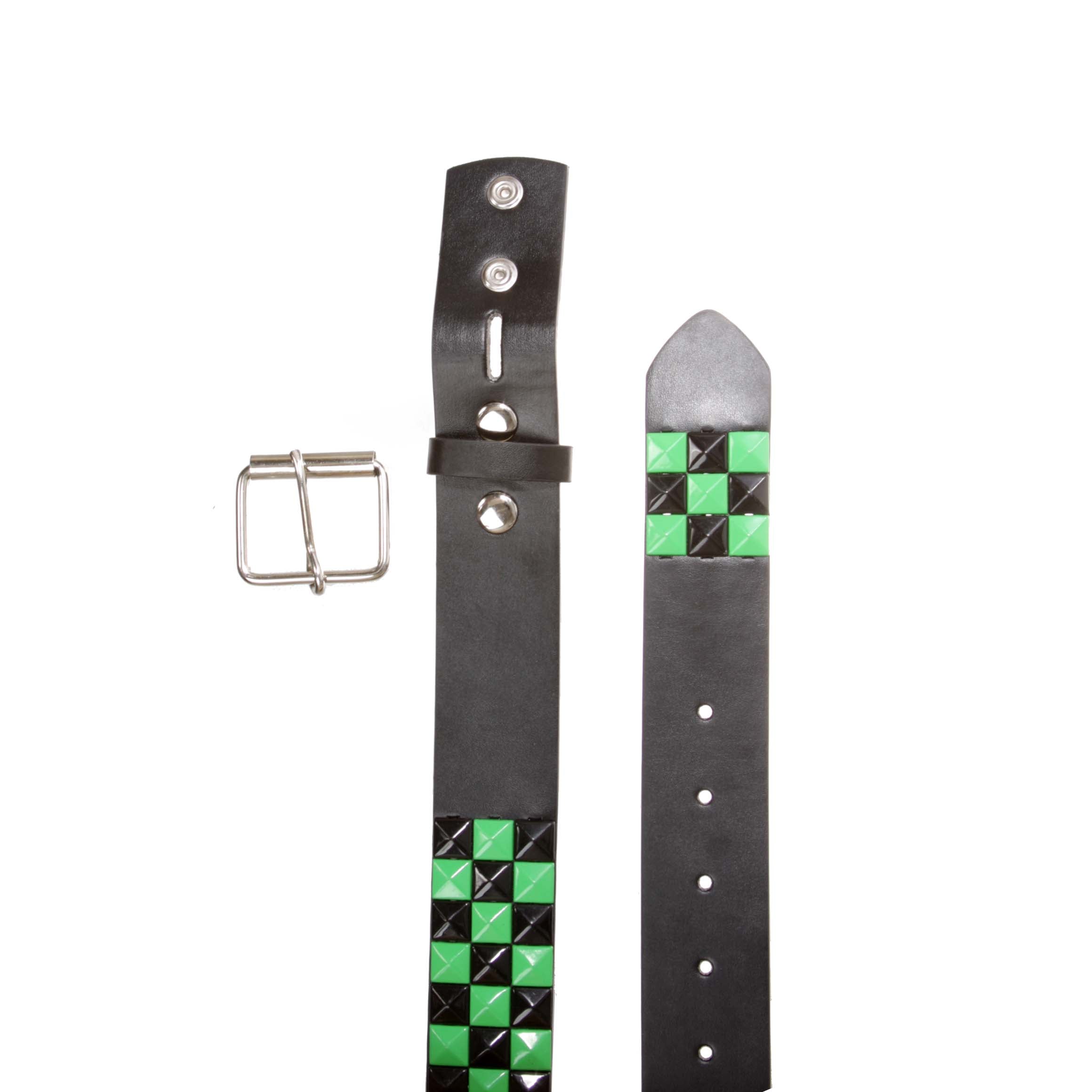 Snap On Punk Rock Black & Green Star Studded Checker Board Leather Belt - OnlineBelts