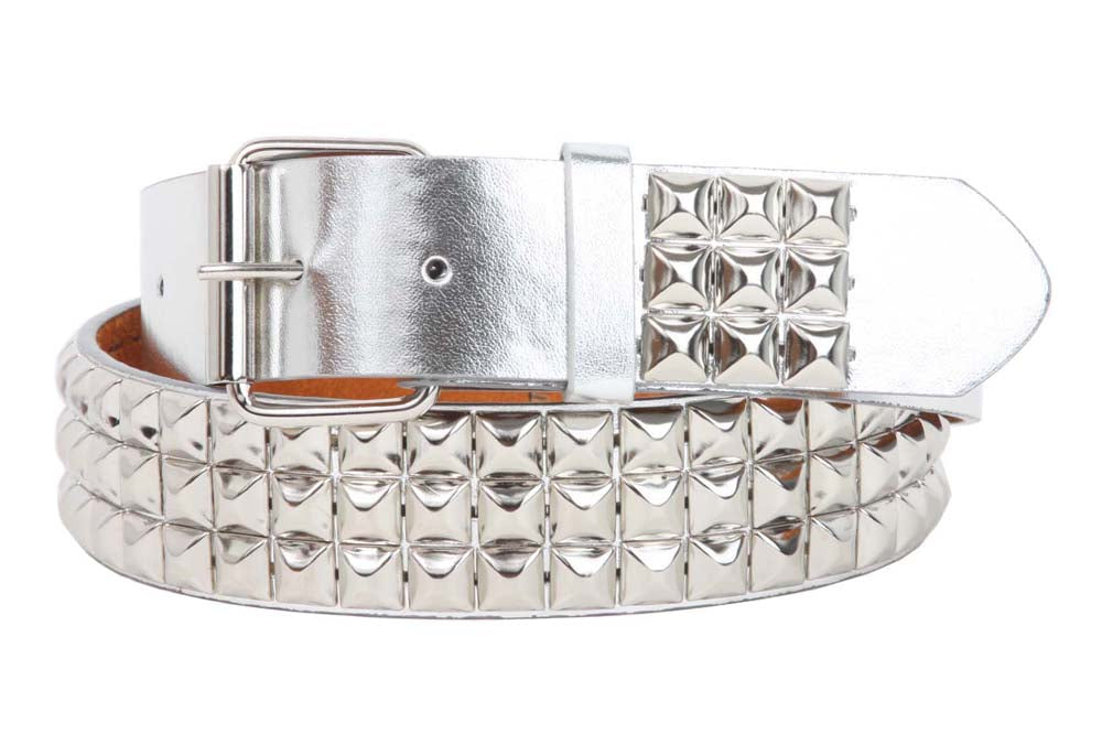Snap On 1 1/2" Metallic Silver Punk Rock Studded Belt - OnlineBelts
