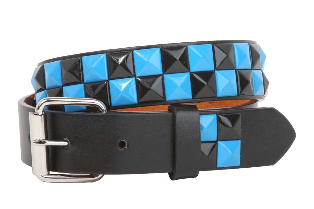 Kids 1" Snap On Punk Rock Black & Azure Blue Star Studded Checkerboard Leather Belt