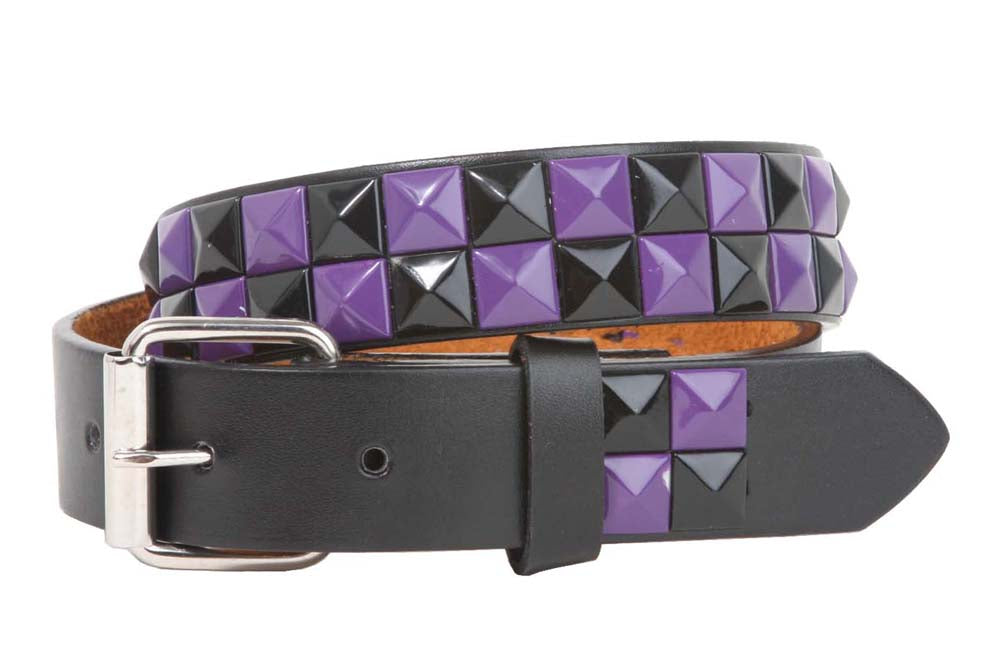 Kids 1" Snap On Punk Rock Black & Purple Star Studded Checkerboard Leather Belt