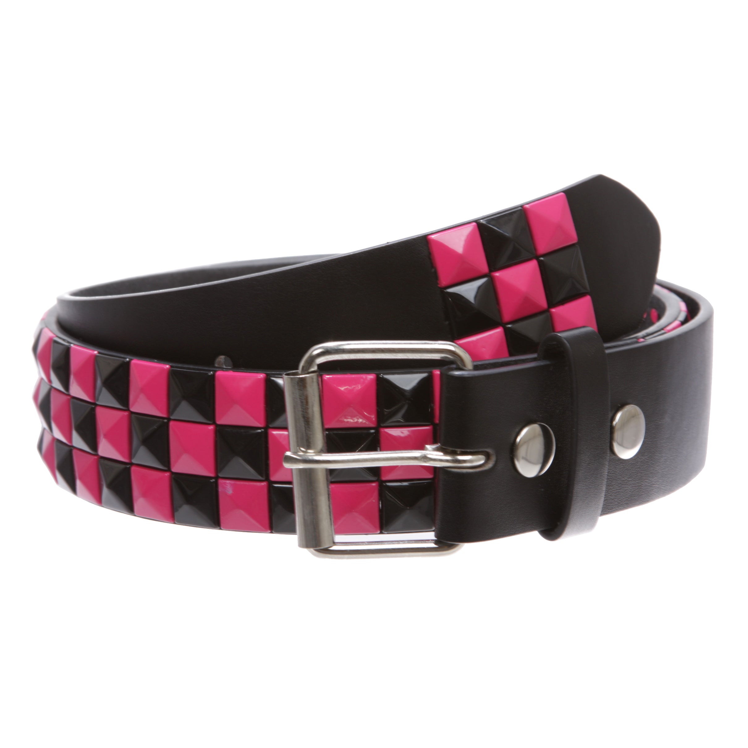 Snap On 1 1/2" Fuchsia & Black Checkerboard Punk Rock Studded Belt - OnlineBelts