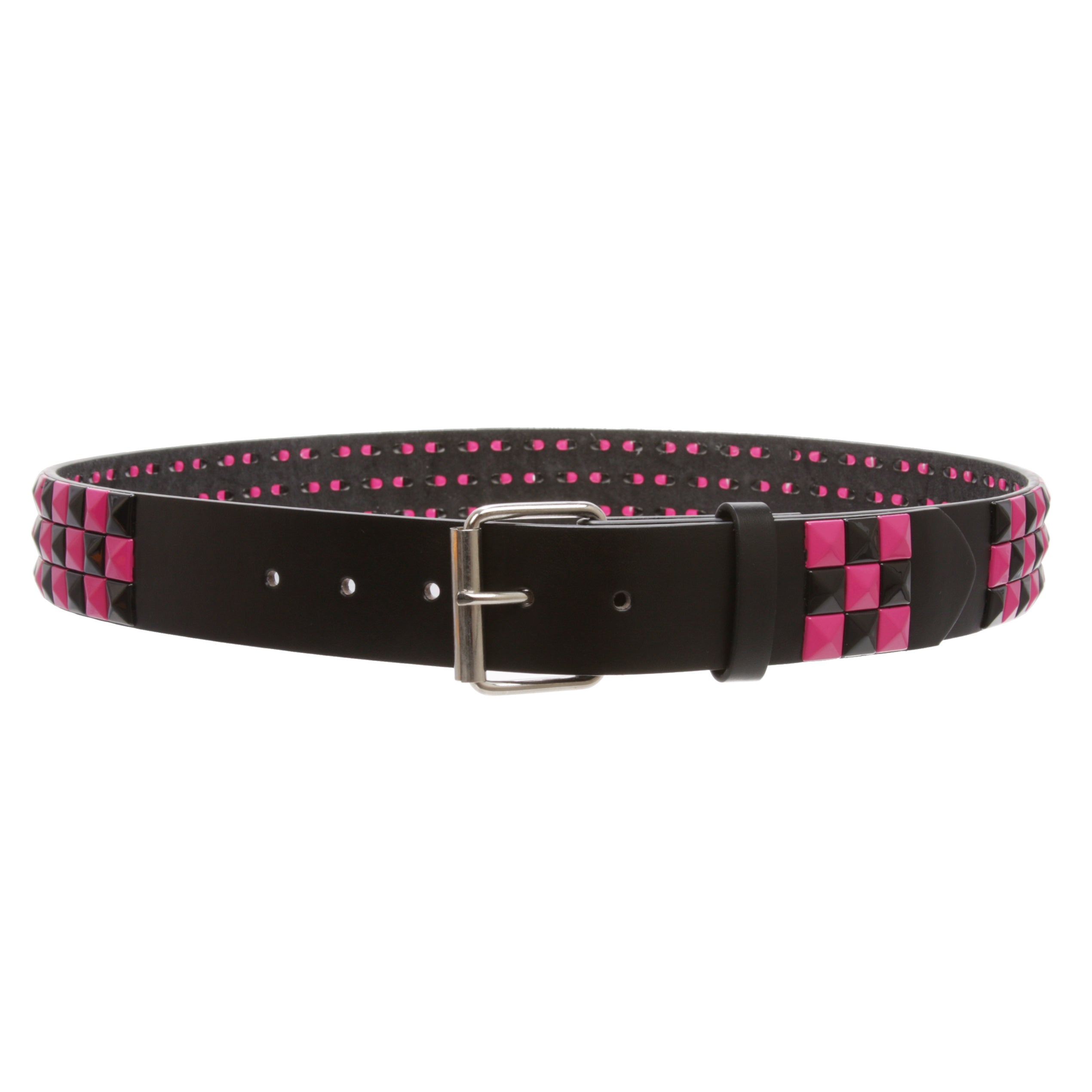 Snap On 1 1/2" Fuchsia & Black Checkerboard Punk Rock Studded Belt - OnlineBelts