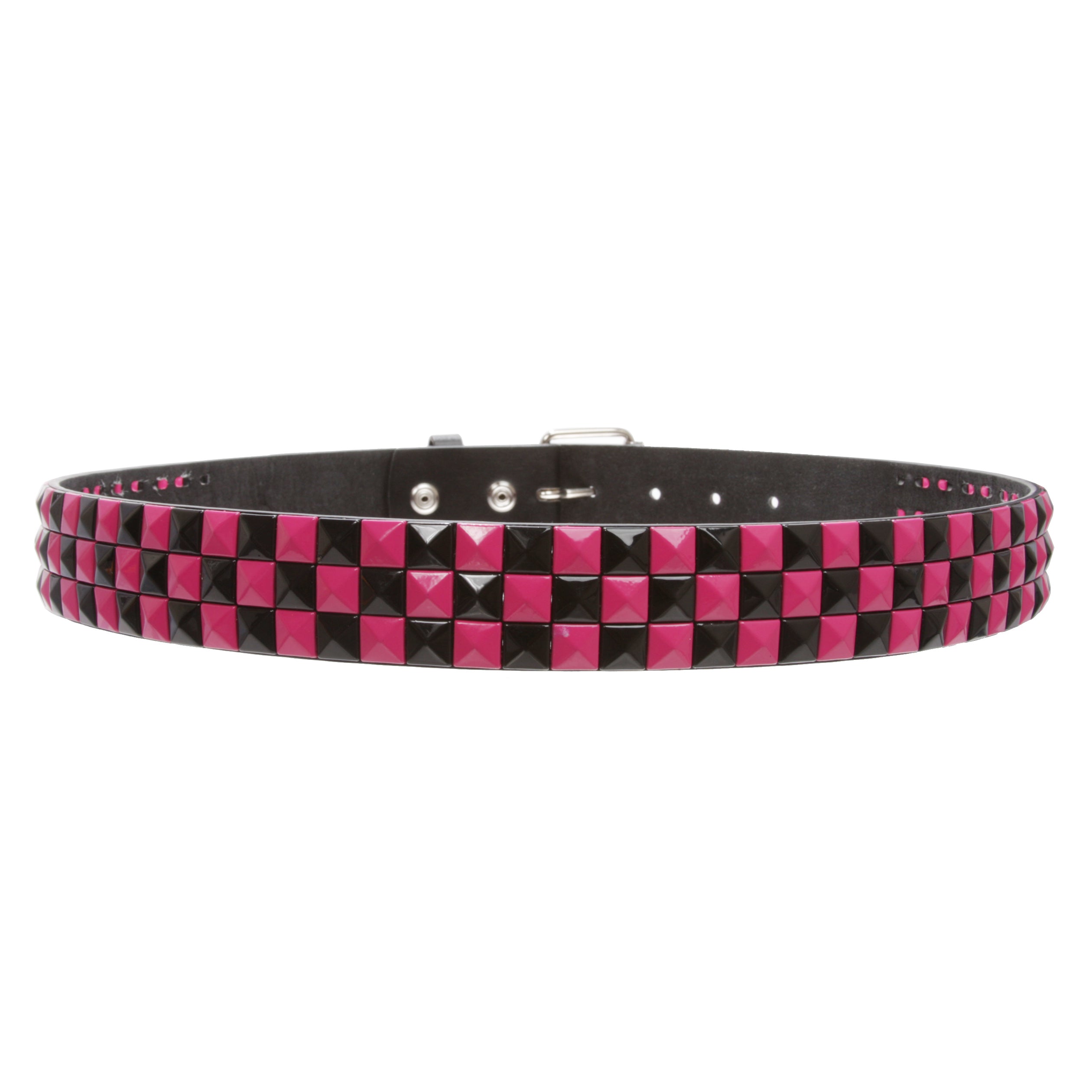 Snap On 1 1/2" Fuchsia & Black Checkerboard Punk Rock Studded Belt - OnlineBelts
