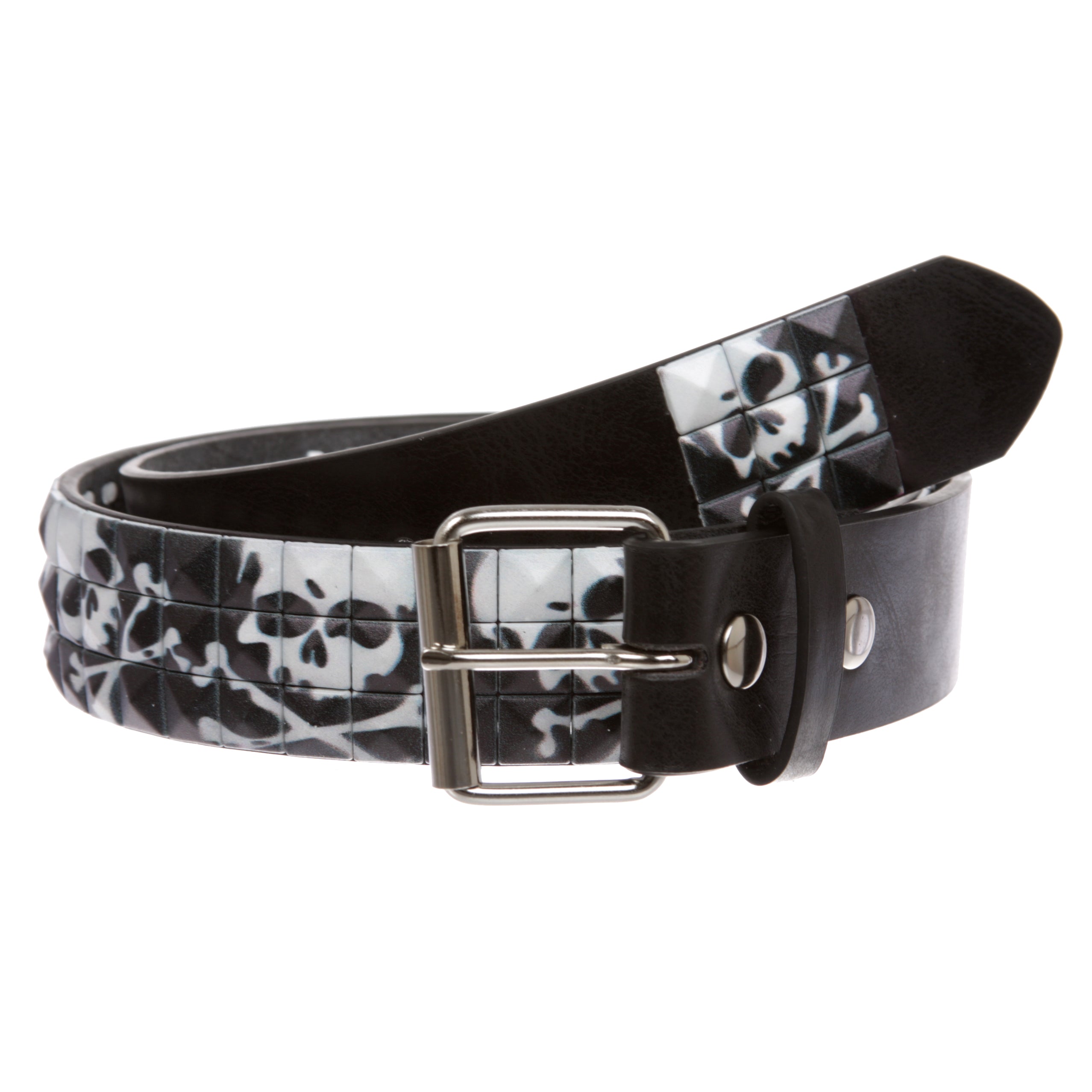 Snap On 1 1/2" Skull & Cross Bone Printed Punk Rock Studded Belt - OnlineBelts