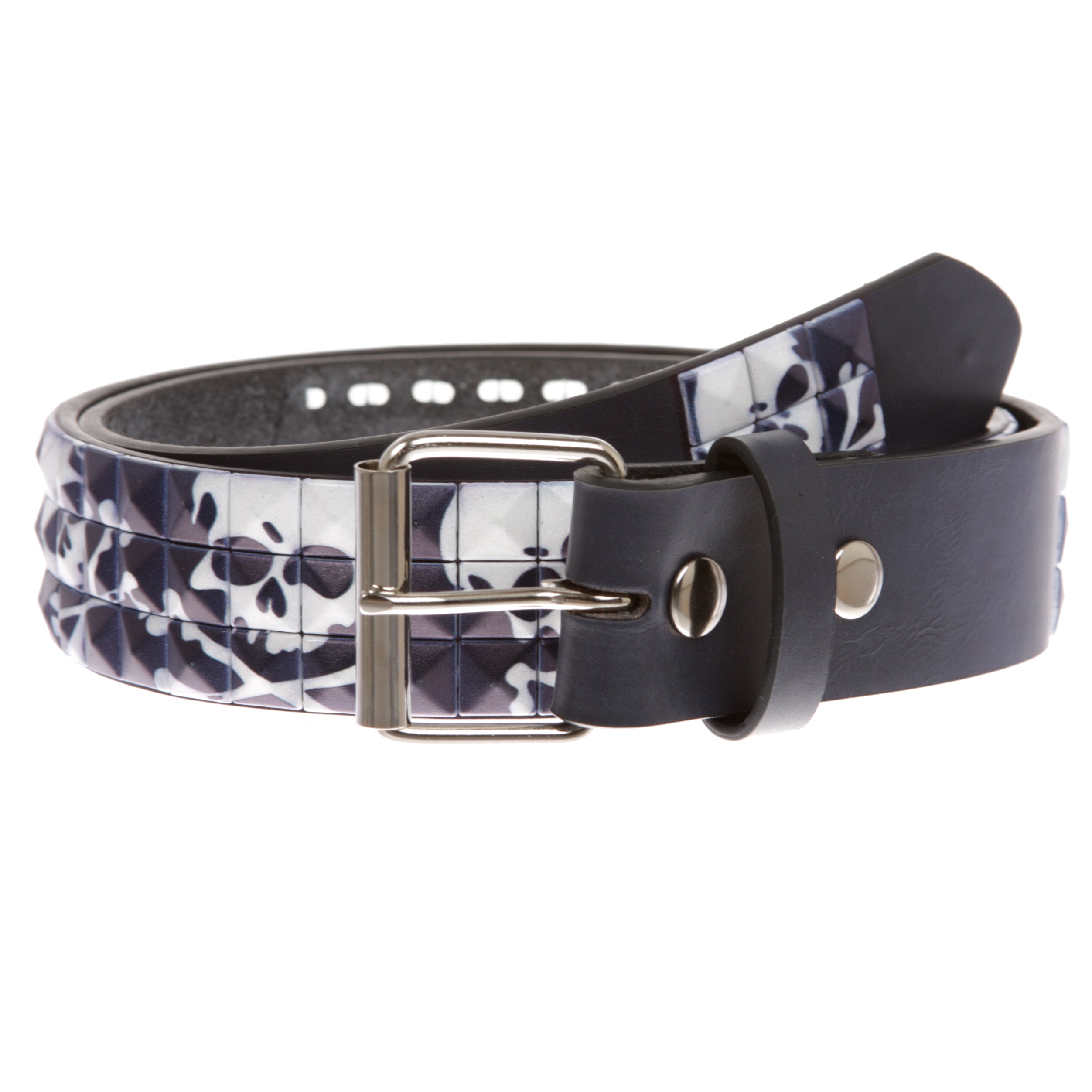Snap On 1 1/2" Skull & Cross Bone Printed Punk Rock Studded Belt - OnlineBelts
