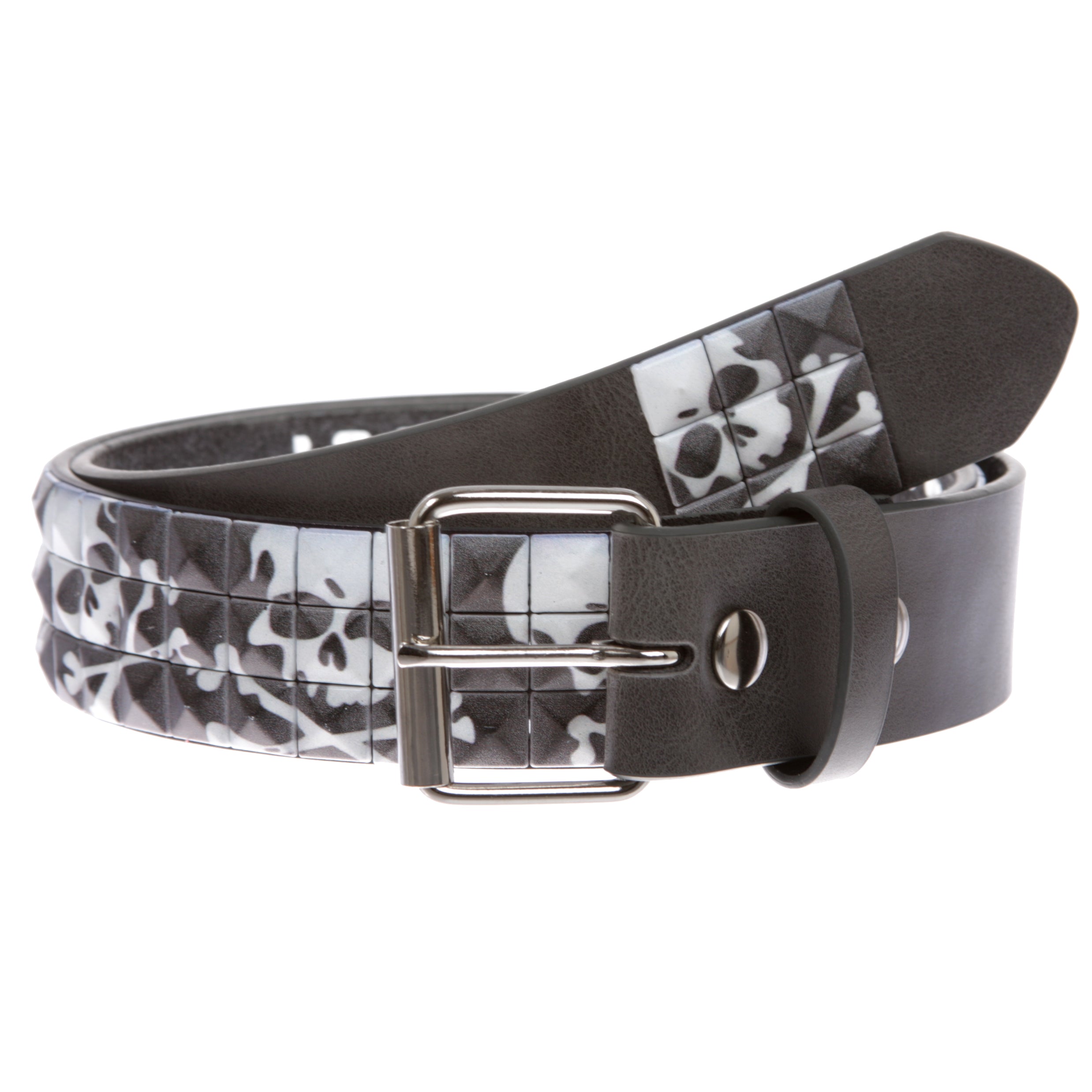 Snap On 1 1/2" Skull & Cross Bone Printed Punk Rock Studded Belt - OnlineBelts