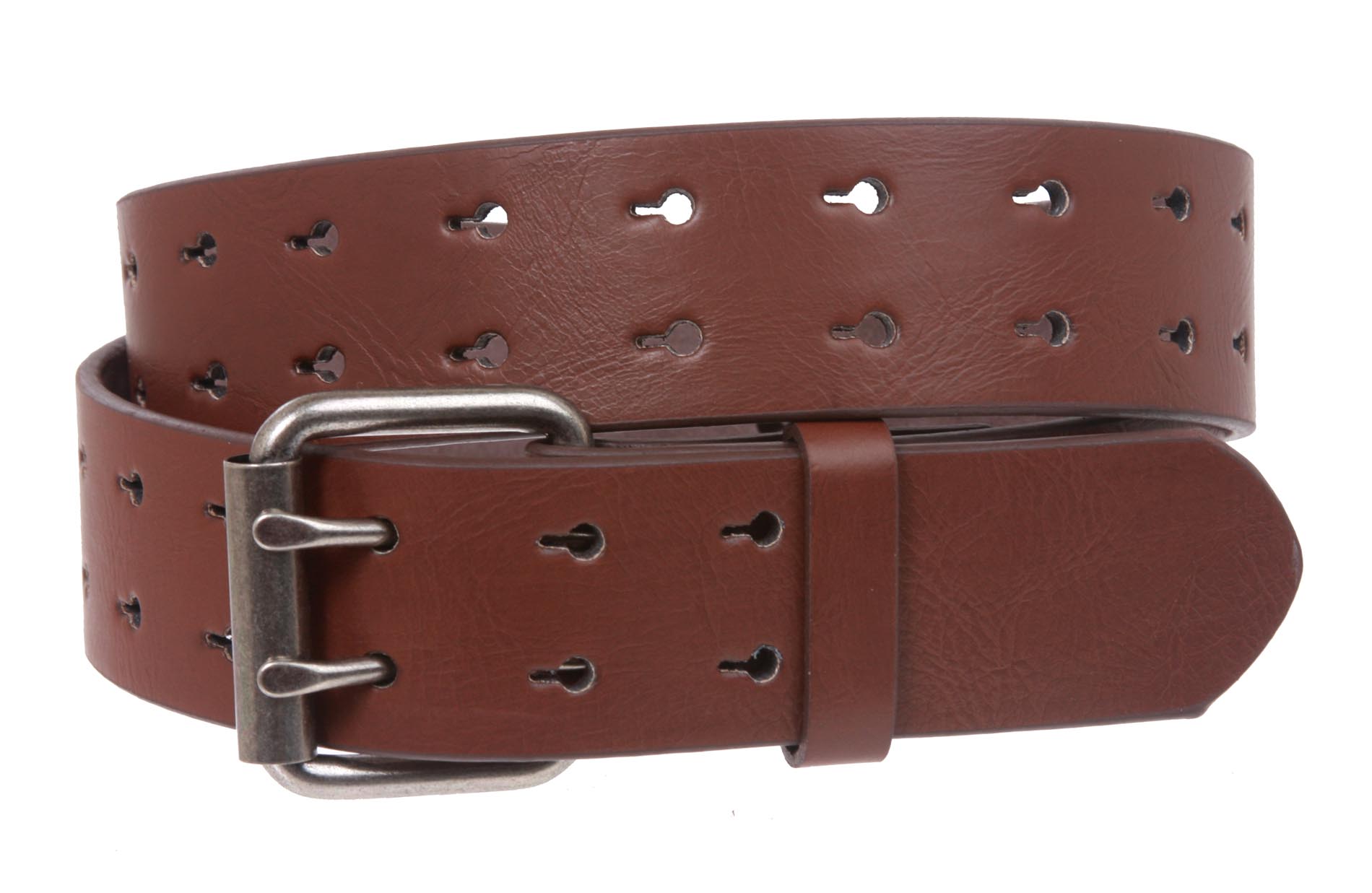 Snap On Two Row Cut-out Holes Leather Belt - OnlineBelts