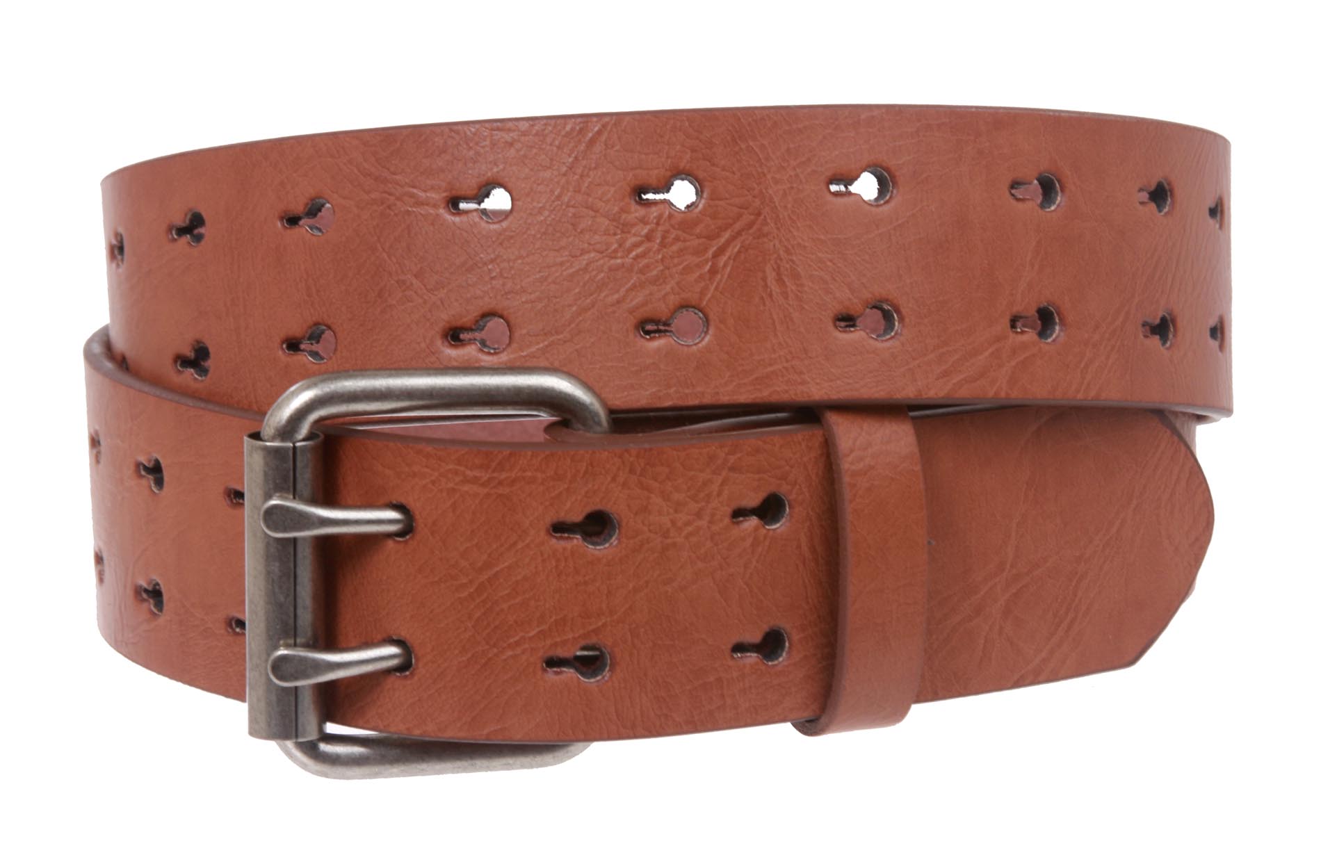 Snap On Two Row Cut-out Holes Leather Belt - OnlineBelts