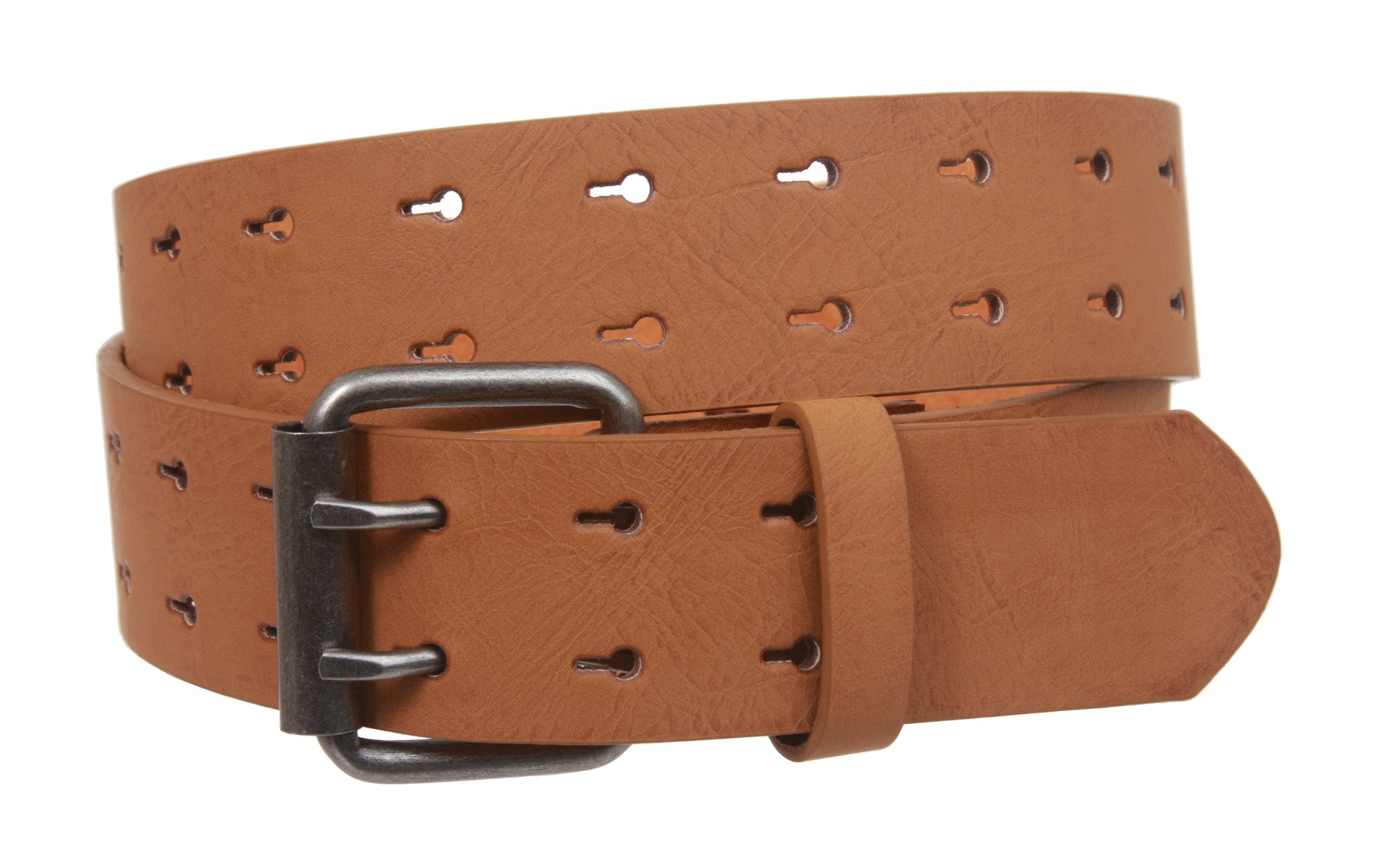 Snap On Two Row Cut-out Holes Leather Belt - OnlineBelts