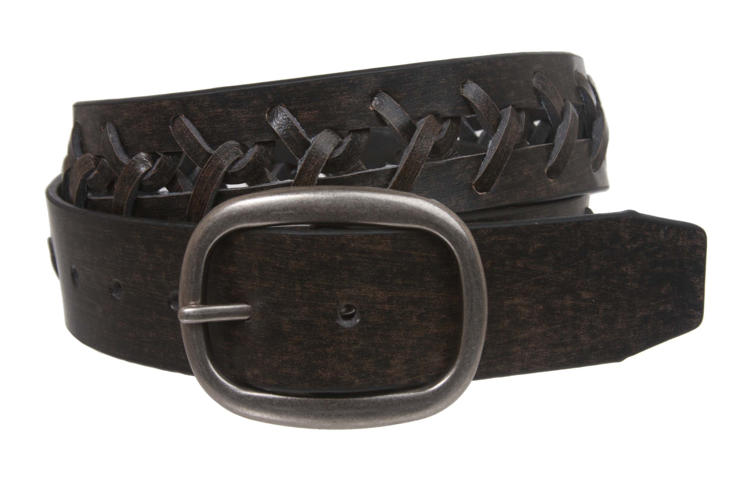 1 1/2" (38 mm) Snap On Oval Buckle Braided Leather Jean Belt - OnlineBelts