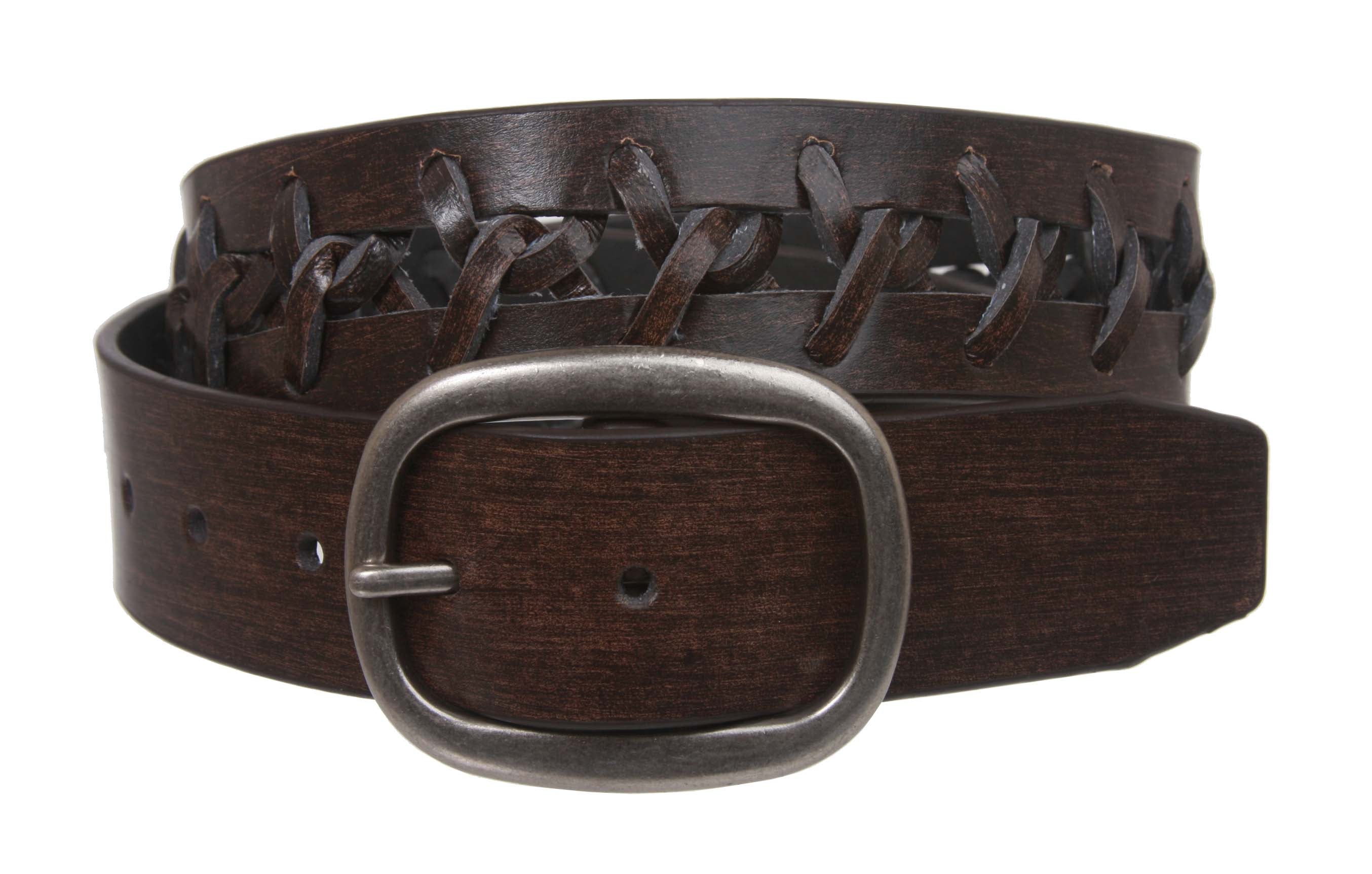 1 1/2" (38 mm) Snap On Oval Buckle Braided Leather Jean Belt - OnlineBelts