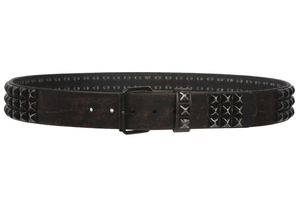 Snap On 1 3/4" Three Row Punk Rock Star Distressed Black Studded Leather Belt