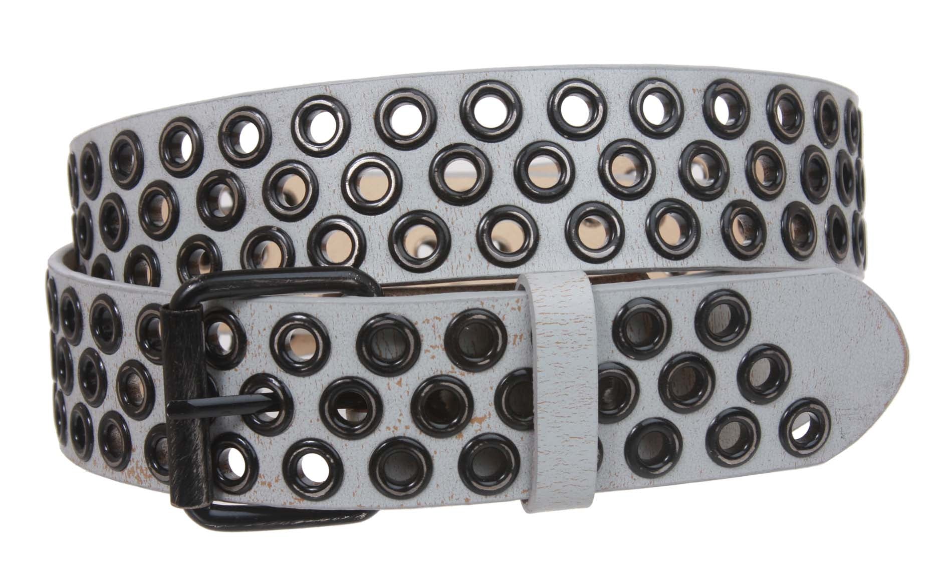 Snap On Distressed 3 Row Grommets Hardware Antique Leather Belt - OnlineBelts