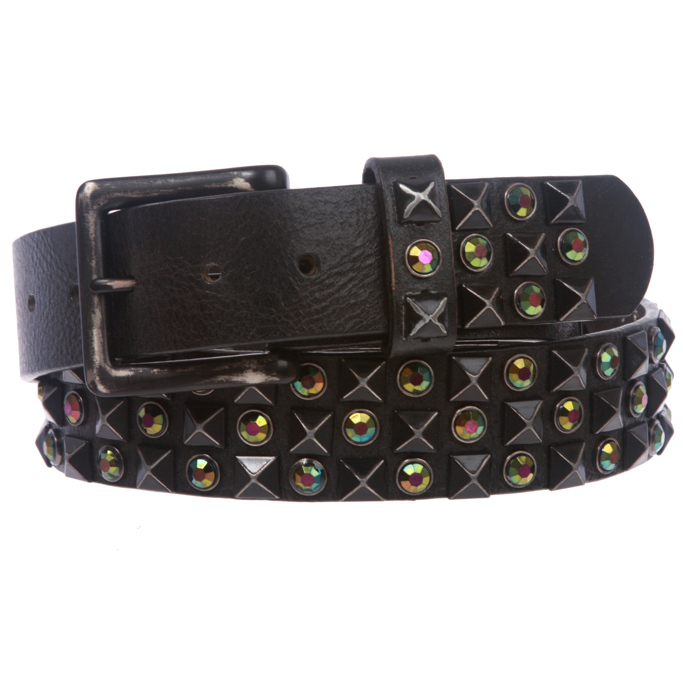 Snap On Oil Cowhide Rhinestone Punk Rock Star Vintage Leather Bling Belt - OnlineBelts