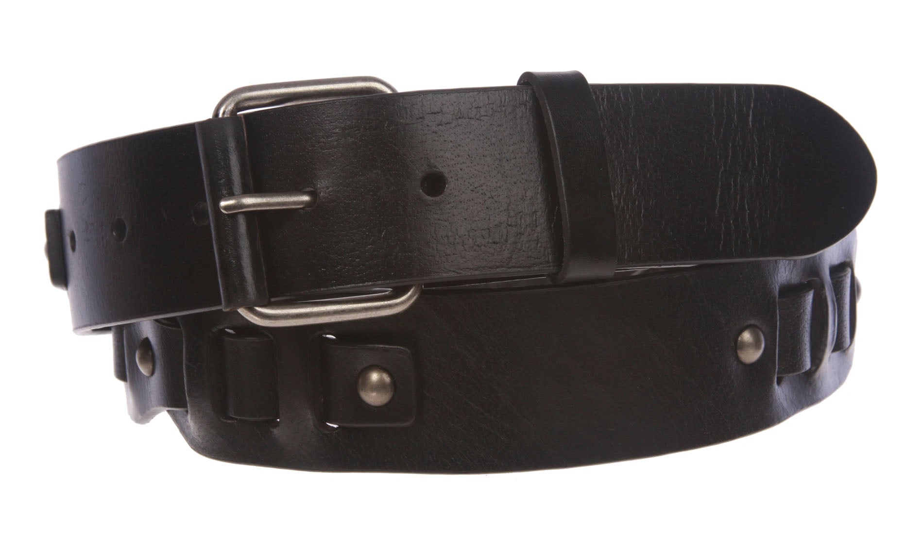 Snap on Hammered Nail Head Studs Genuine Leather Link Belt - OnlineBelts