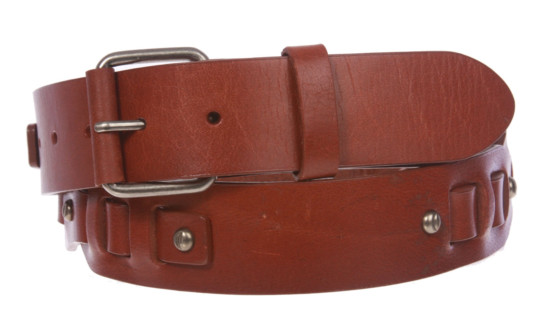 Snap on Hammered Nail Head Studs Genuine Leather Link Belt - OnlineBelts