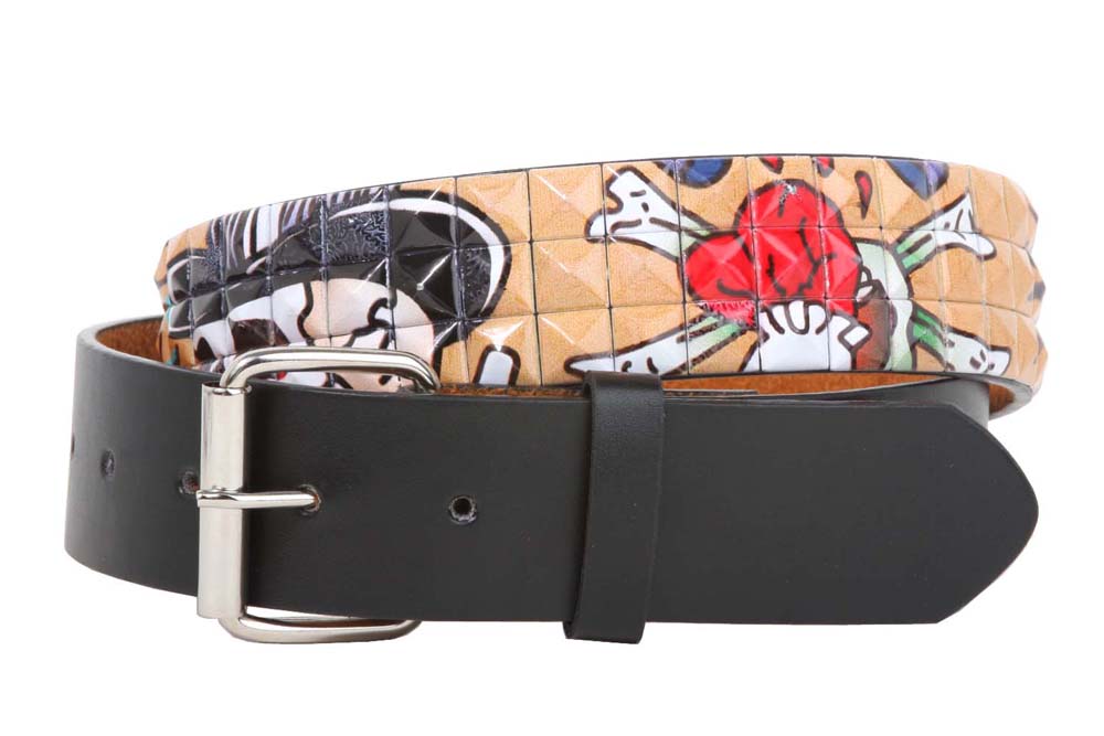 Snap On 1 1/2" Skull & Cross Bone Printed Punk Rock Studded Belt - OnlineBelts