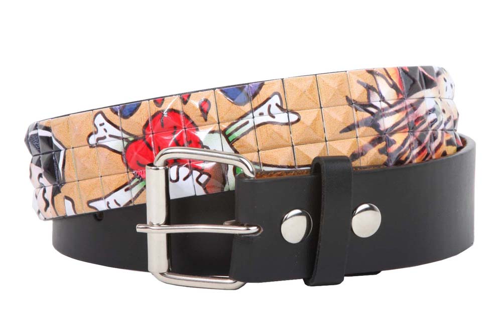 Snap On 1 1/2" Skull & Cross Bone Printed Punk Rock Studded Belt - OnlineBelts