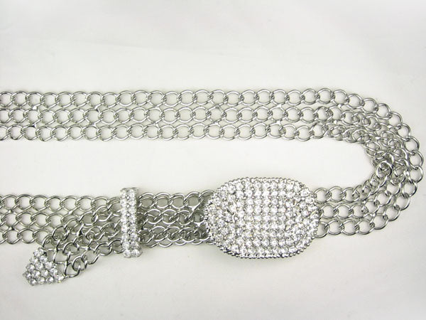 Ladies Oval Clear Rhinestone Belt Buckle Metal Chain Belt