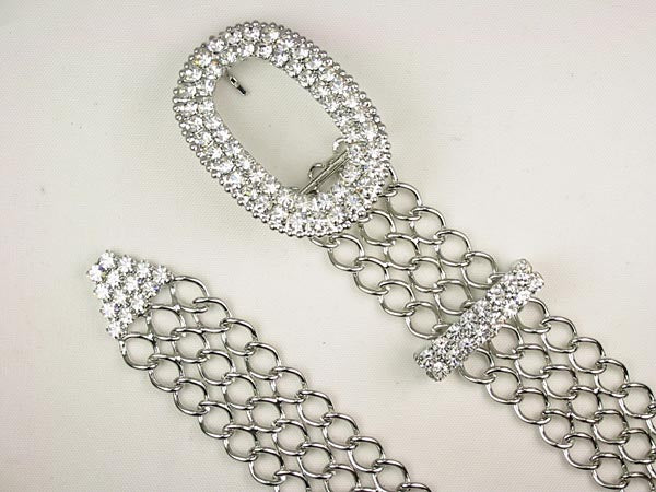 Ladies Oval Clear Rhinestone Belt Buckle Metal Chain Belt
