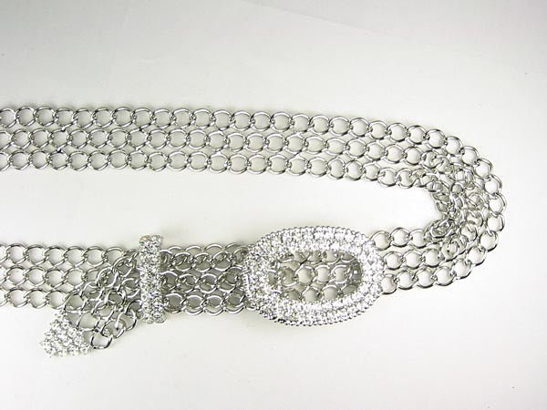 Ladies Oval Clear Rhinestone Belt Buckle Metal Chain Belt