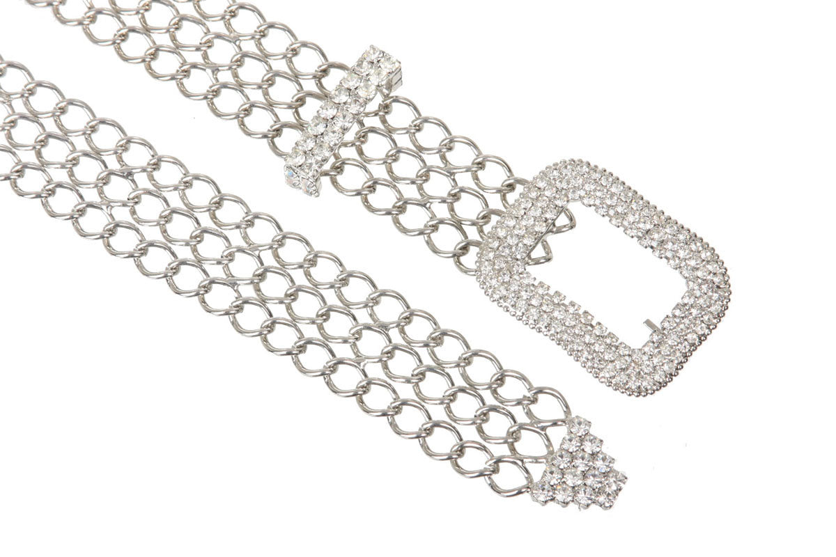 Women's Clear Rhinestone Open Rectangular Metal Chain Belt