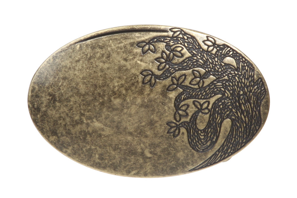 Oval Flower Tree Engraving Belt Buckle