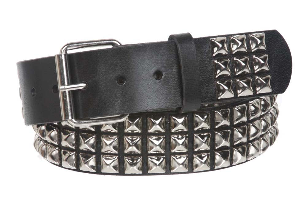 1 3/4" Snap On Three Row Punk Rock Star Metal Silver Studded Solid Leather Belt - OnlineBelts