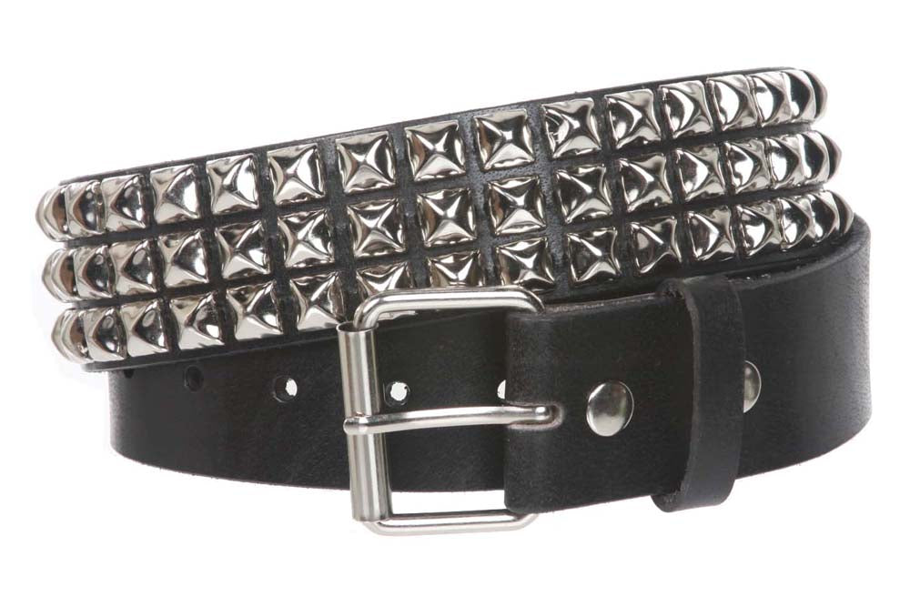 1 3/4" Snap On Three Row Punk Rock Star Metal Silver Studded Solid Leather Belt - OnlineBelts