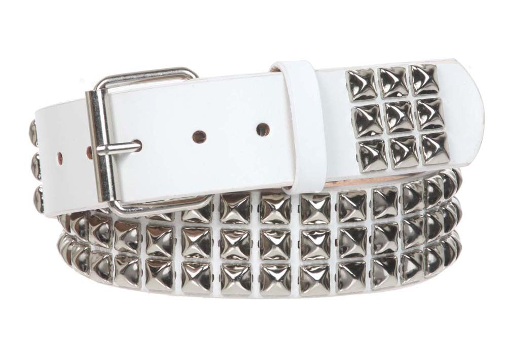 1 3/4" Snap On Three Row Punk Rock Star Metal Silver Studded Solid Leather Belt - OnlineBelts
