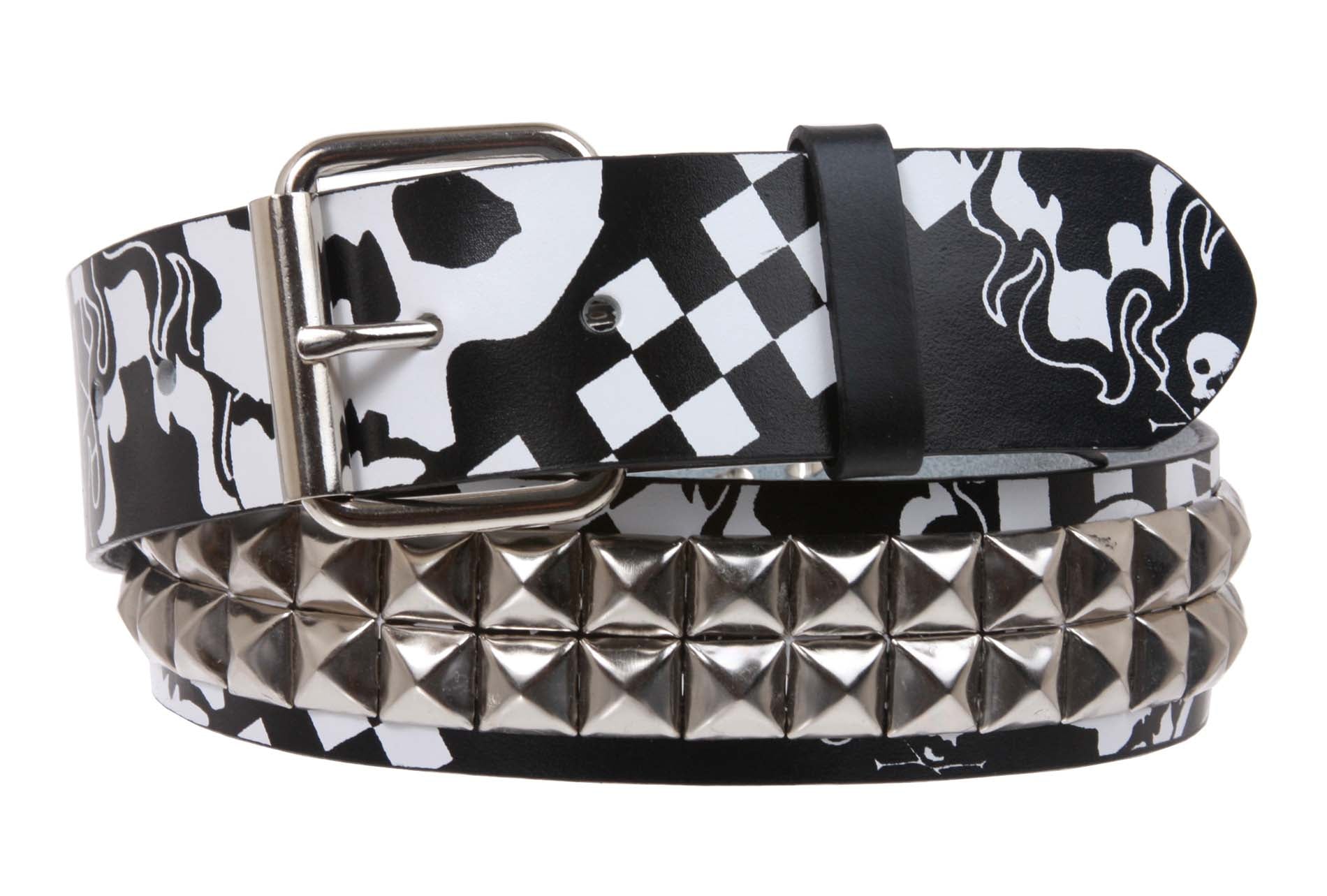 Snap On Art work Skull Cross Bone Tattoo Print Punk Rock Silver Star Studded Leather Belt - OnlineBelts