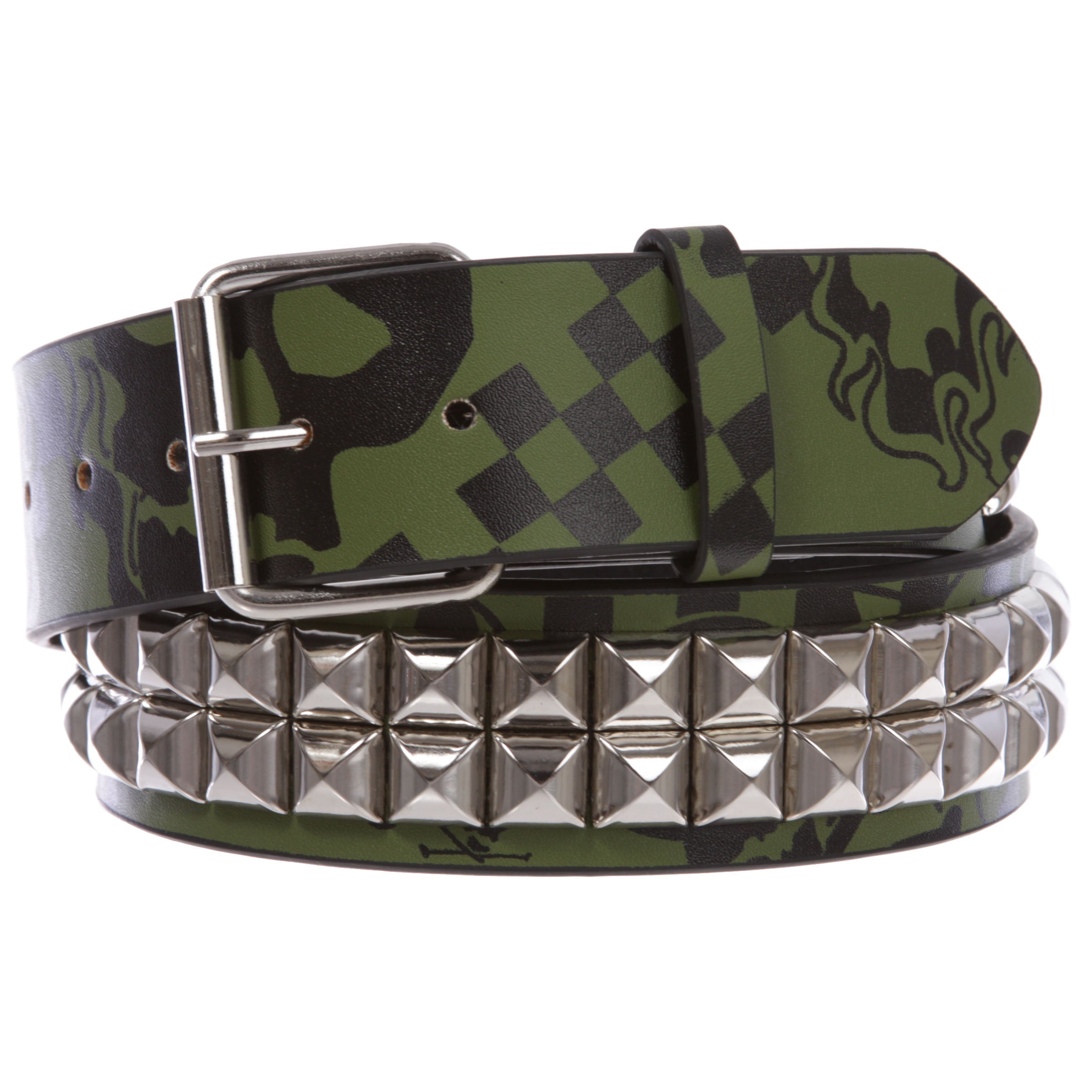 Snap On Art work Skull Cross Bone Tattoo Print Punk Rock Silver Star Studded Leather Belt - OnlineBelts