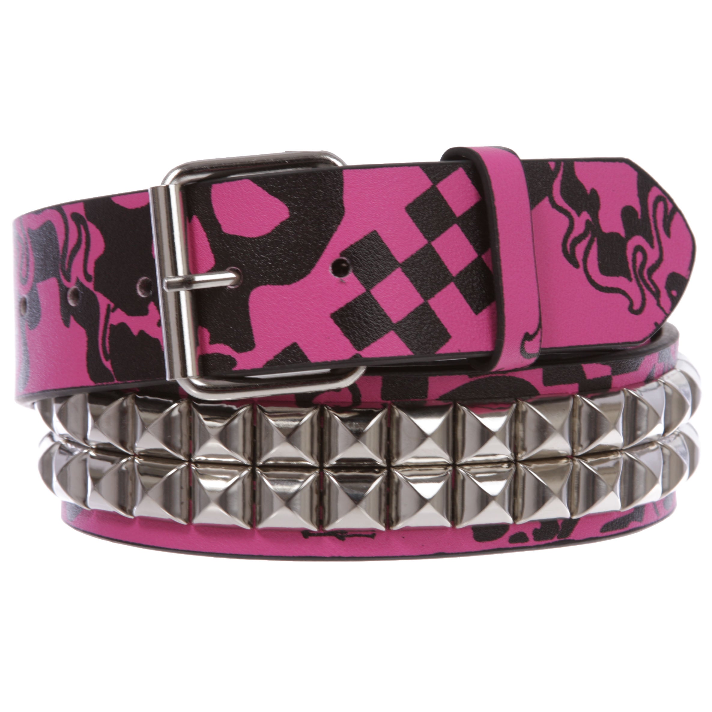 Snap On Art work Skull Cross Bone Tattoo Print Punk Rock Silver Star Studded Leather Belt - OnlineBelts