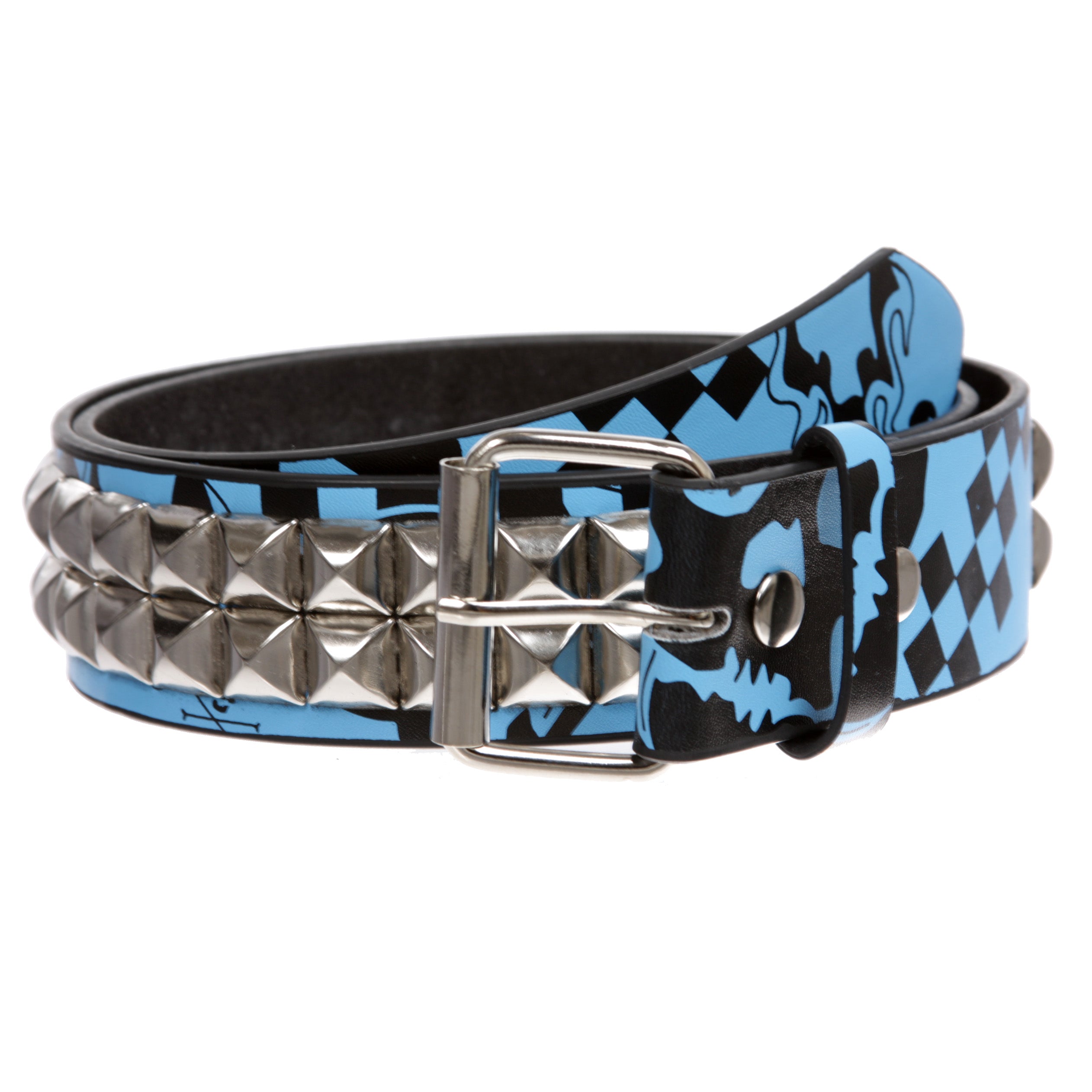 Snap On Art work Skull Cross Bone Tattoo Print Punk Rock Silver Star Studded Leather Belt - OnlineBelts