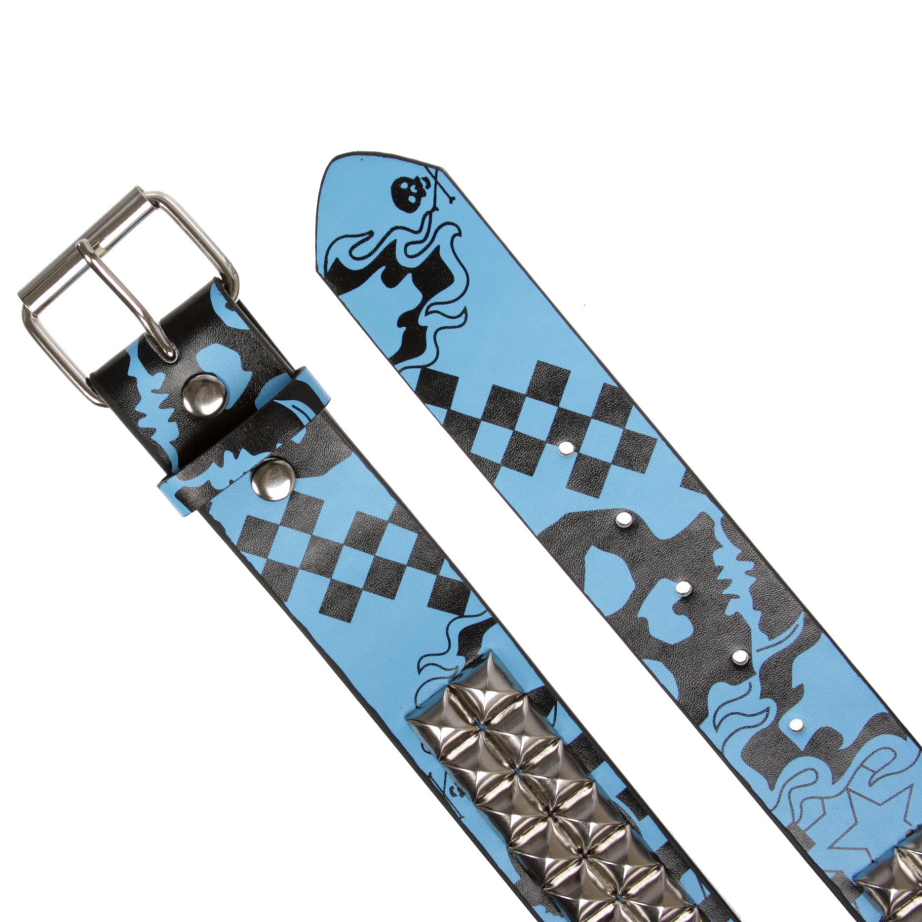 Snap On Art work Skull Cross Bone Tattoo Print Punk Rock Silver Star Studded Leather Belt - OnlineBelts