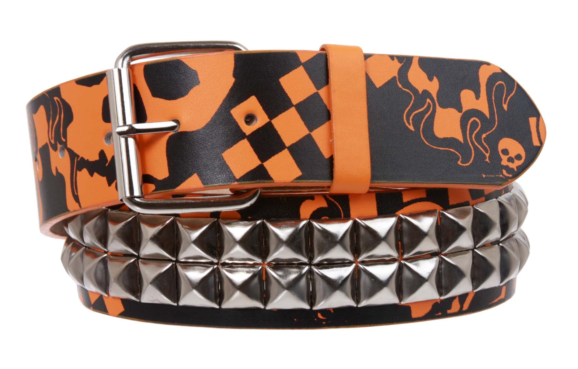 Snap On Art work Skull Cross Bone Tattoo Print Punk Rock Silver Star Studded Leather Belt - OnlineBelts