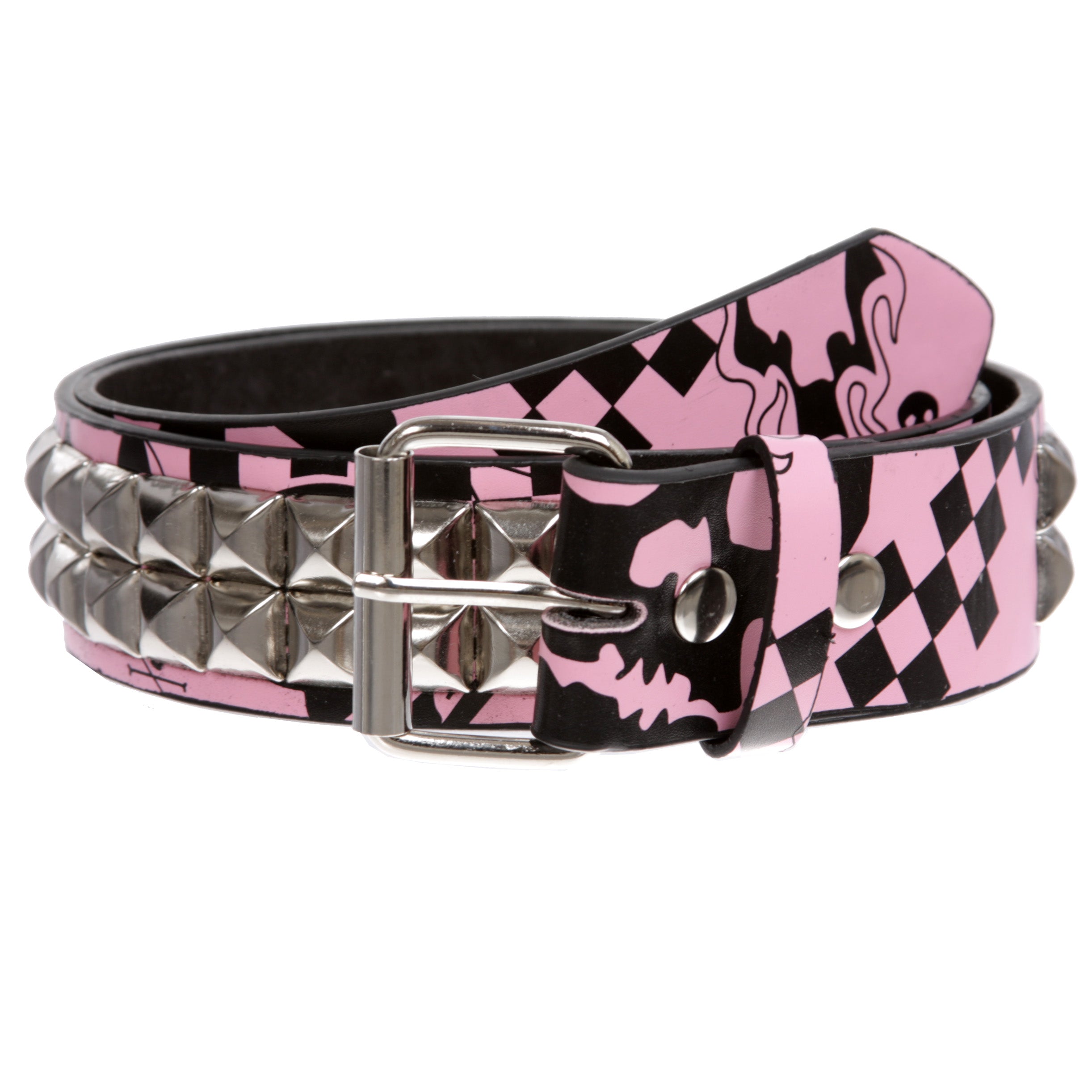 Snap On Art work Skull Cross Bone Tattoo Print Punk Rock Silver Star Studded Leather Belt - OnlineBelts