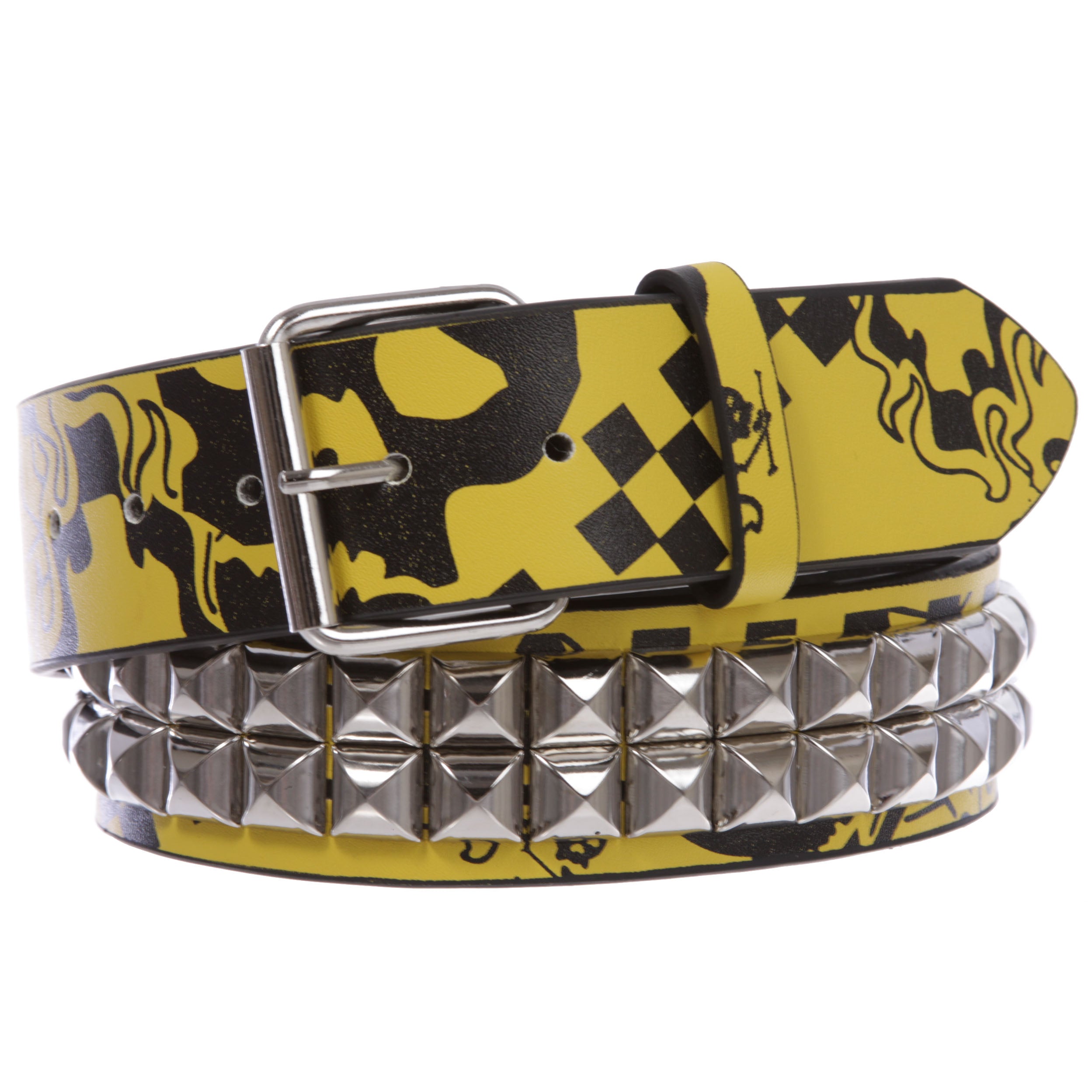 Snap On Art work Skull Cross Bone Tattoo Print Punk Rock Silver Star Studded Leather Belt - OnlineBelts