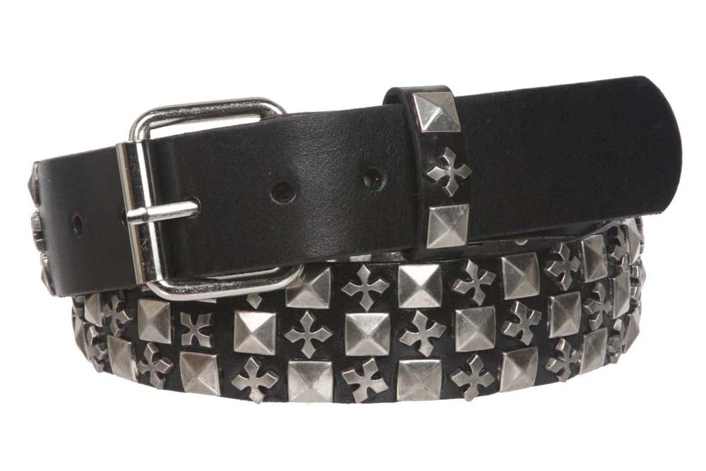 1 1/2" Snap on Punk Rock Star Studs & Cross Leather Belt - OnlineBelts